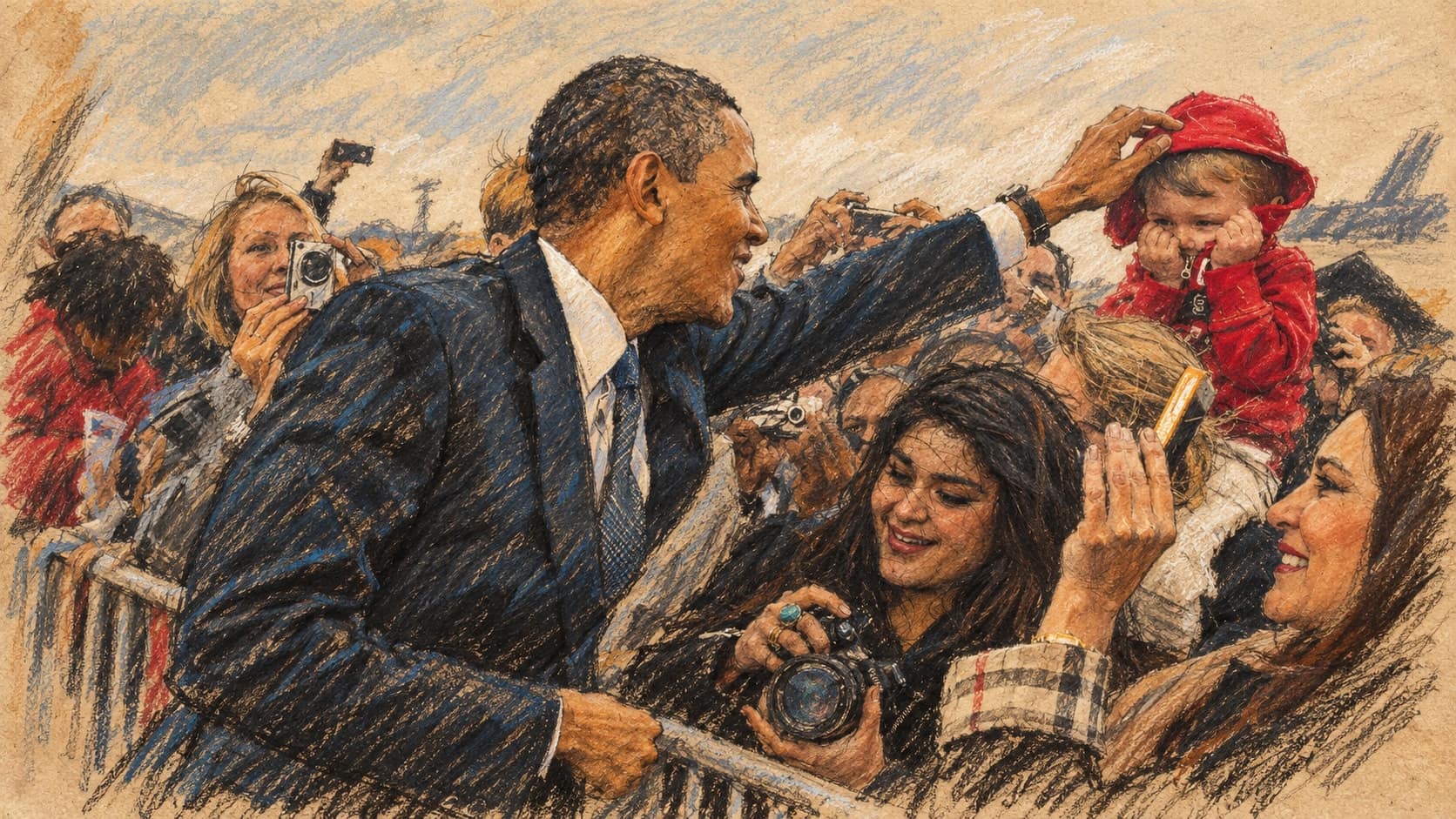 Courtroom-sketch editorial illustration of an archival October 2011 scene of Barack Obama greeting a crowd and a child in a red hat at Detroit airport, rendered in warm ochre and slate-blue pastel strokes; Michigan context, not the October 2026 campaign rally.