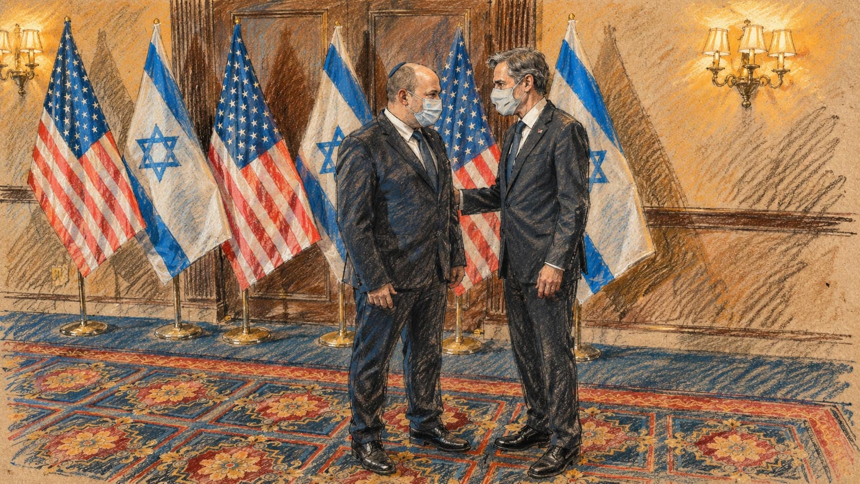 Courtroom-sketch editorial illustration of an archival August 2021 meeting between masked Naftali Bennett and Antony Blinken in Washington, with U.S. and Israeli flags behind them, rendered in warm ochre and slate-blue pastel strokes; contextual image, not the Tel Aviv incident.