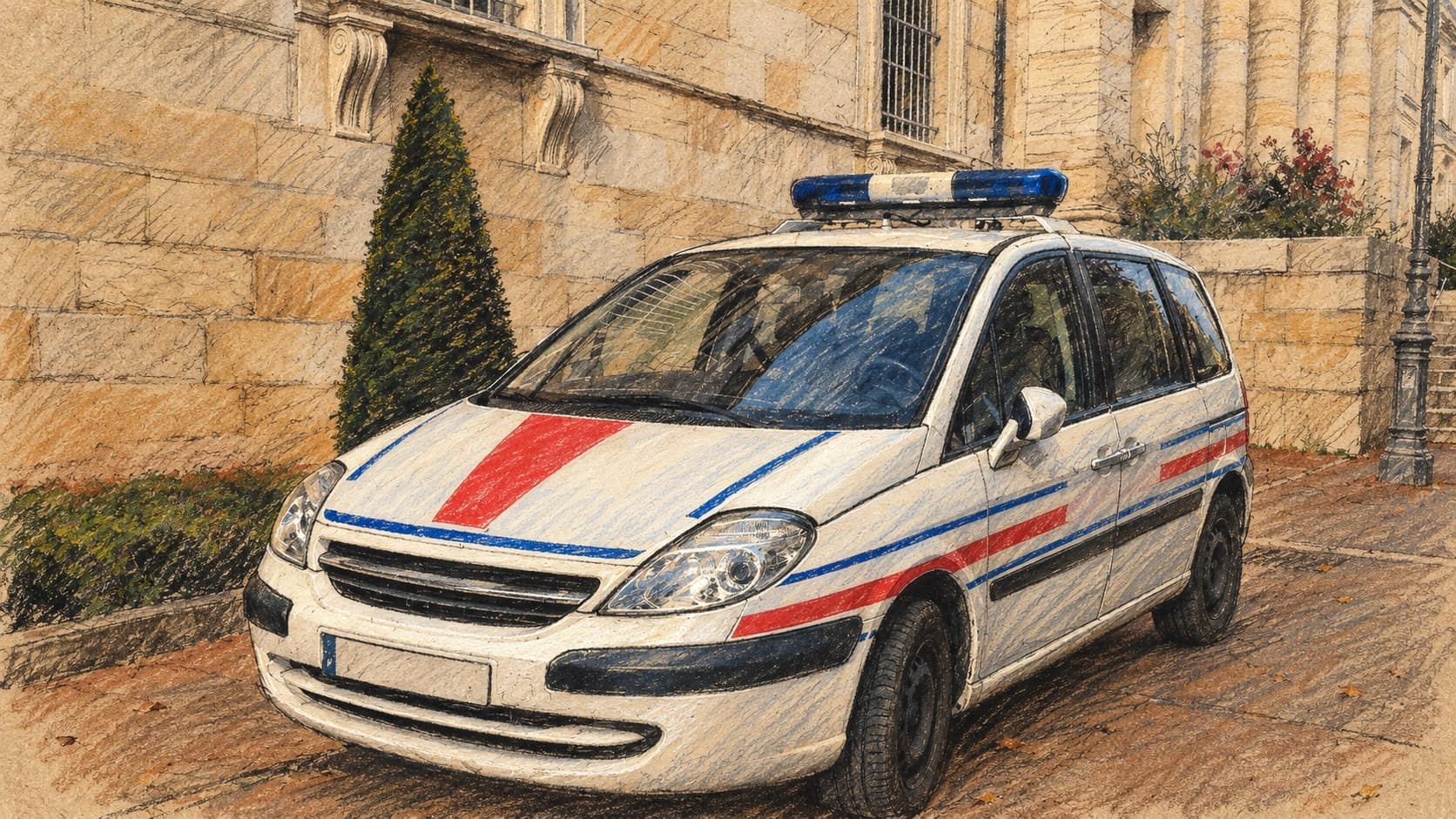 Courtroom-sketch editorial illustration of an archival 2016 French police vehicle parked beside a pale stone building in Chalon-sur-Saône, rendered in warm ochre and slate-blue pastel strokes; contextual police image, not Trappes or the October 2026 shootings.