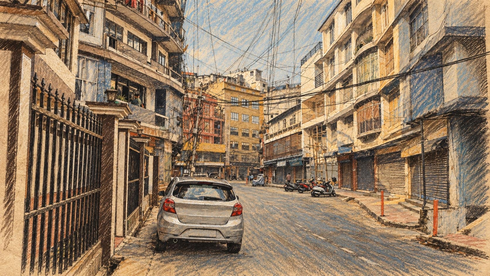 Courtroom-sketch editorial illustration of an archival March 2023 street in Aizawl, Mizoram, with multistory buildings, a parked silver hatchback, motorcycles and overhead wires, rendered in warm ochre and slate-blue pastel strokes; regional context, not a depiction of the October 2026 raids or a known raid location.