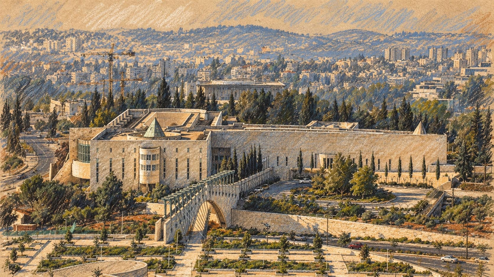 Courtroom-sketch editorial illustration of an archival elevated view of Israel’s Supreme Court building, entrance bridge and gardens in Jerusalem, rendered in warm ochre and slate-blue pastel strokes; institutional context, not a depiction of the inquiry leadership change.