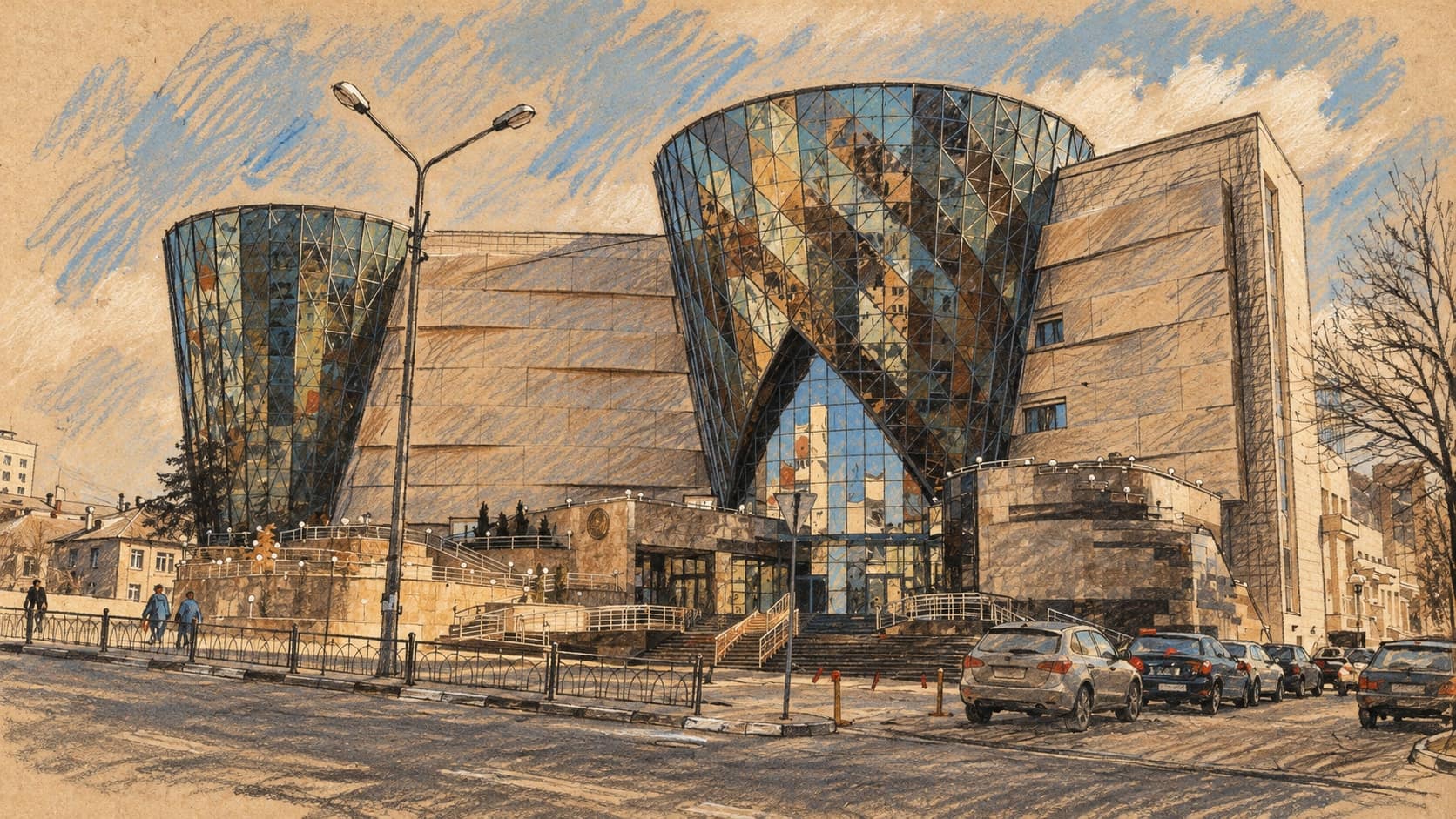 Courtroom-sketch editorial illustration of the Belgorod State Philharmonic building and surrounding street, based on an archival March 2011 photograph for city context; it does not depict the reported attack, rendered in warm ochre and slate-blue pastel strokes.