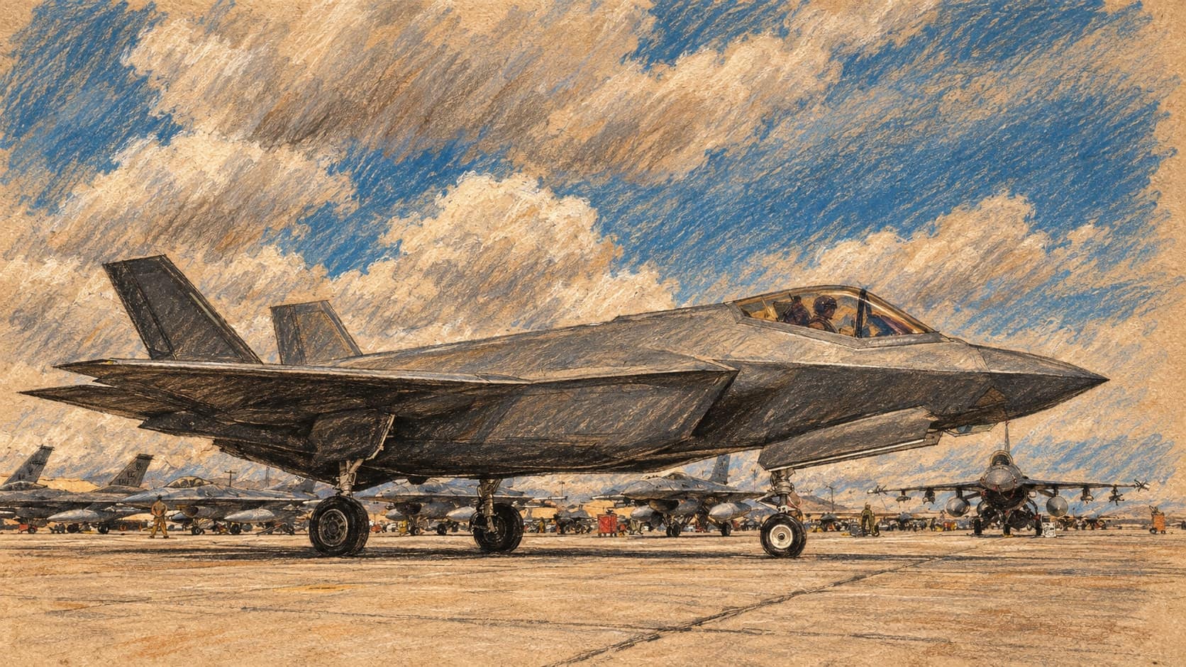 Courtroom-sketch editorial illustration of an Israeli F-35I fighter jet taxiing at the archival March 2023 Red Flag exercise in Nevada, rendered in warm ochre and slate-blue pastel strokes; contextual imagery rather than the October 2026 drill.