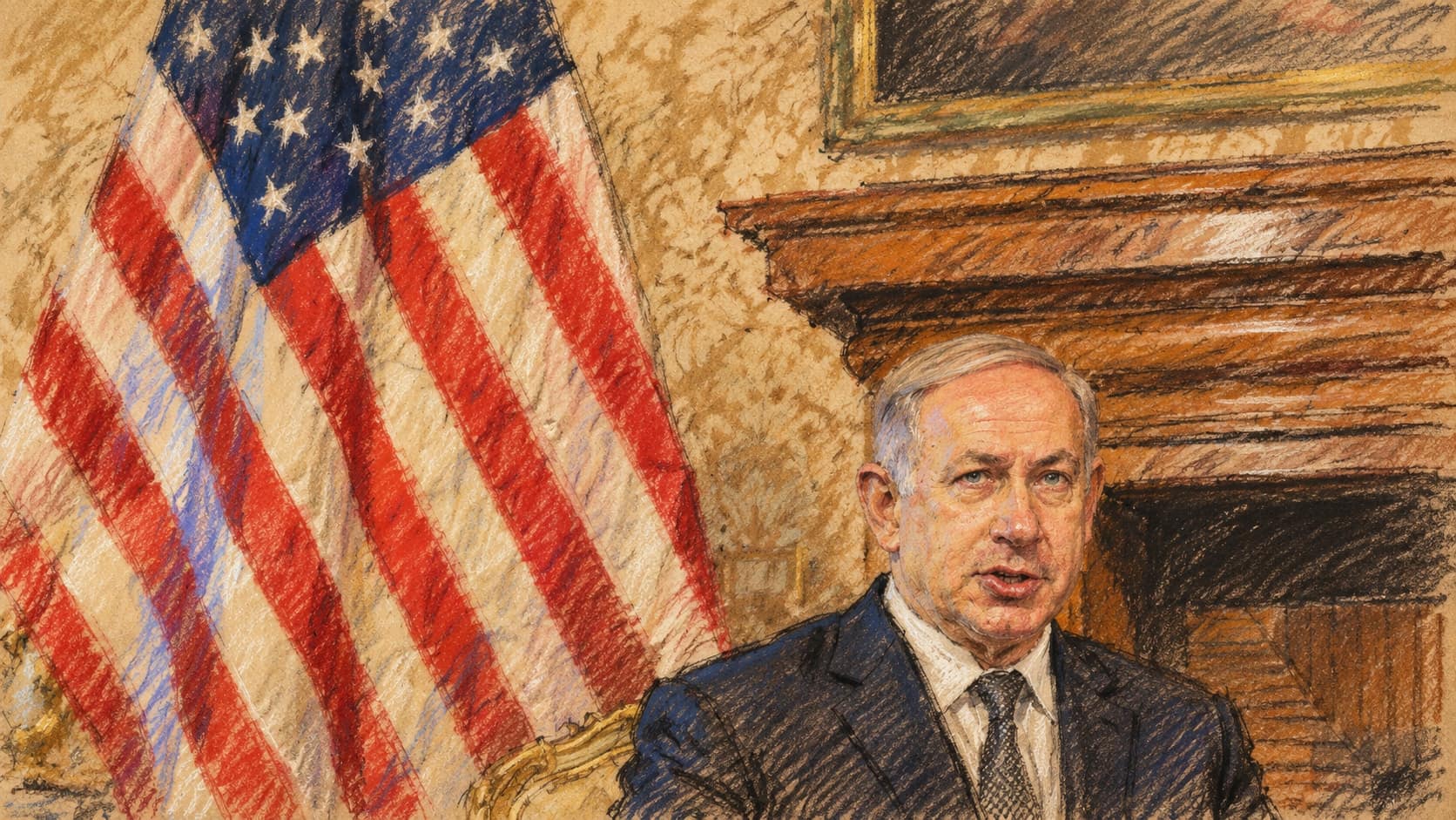 Courtroom-sketch editorial illustration of Benjamin Netanyahu seated beside a United States flag and fireplace during an archival June 2016 press appearance in Rome, rendered in warm ochre and slate-blue pastel strokes; contextual portrait, not a depiction of the reported 2026 directive.