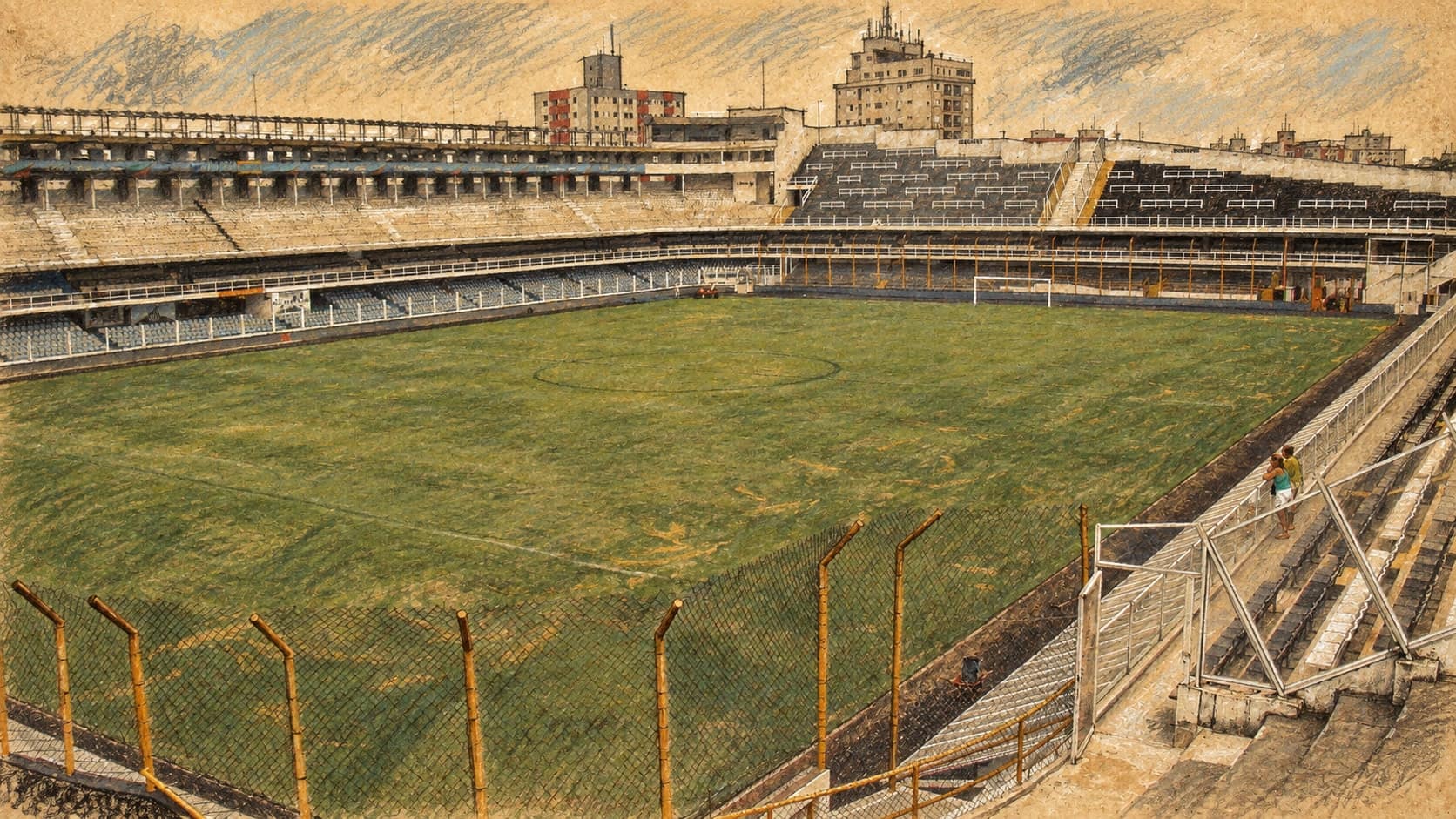 Courtroom-sketch editorial illustration of an archival January 2009 elevated view of Vila Belmiro stadium in Santos, with an empty football pitch, concrete stands, fences and city buildings, rendered in warm ochre and slate-blue pastel strokes; venue context, not the October 2026 match.