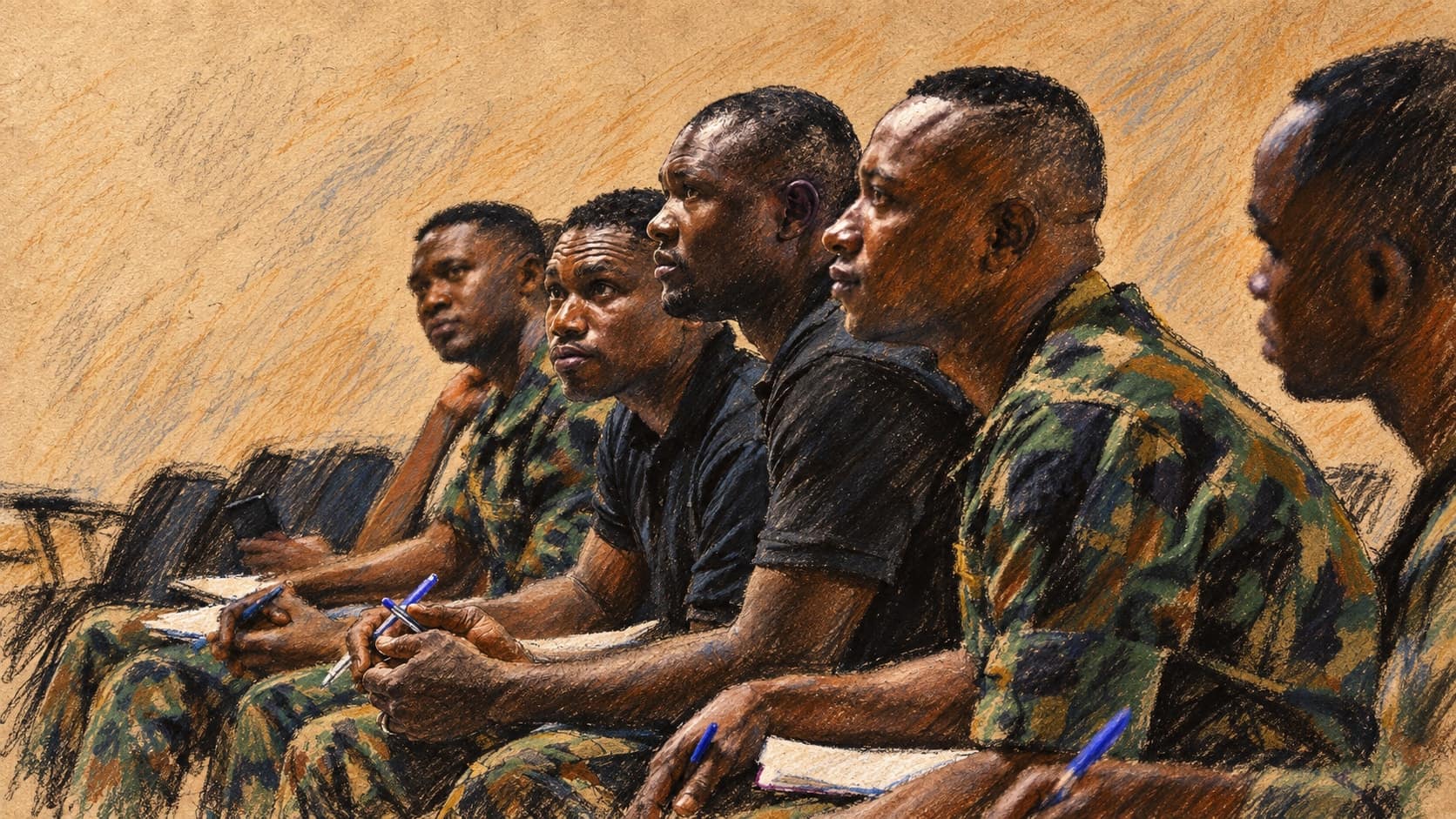 Courtroom-sketch editorial illustration of Nigerian police and naval trainees seated with pens and notebooks during archival classroom training in Lagos in January 2023; institutional context, not a depiction of the October 2026 rescue in Oyo State, rendered in warm ochre and slate-blue pastel strokes.