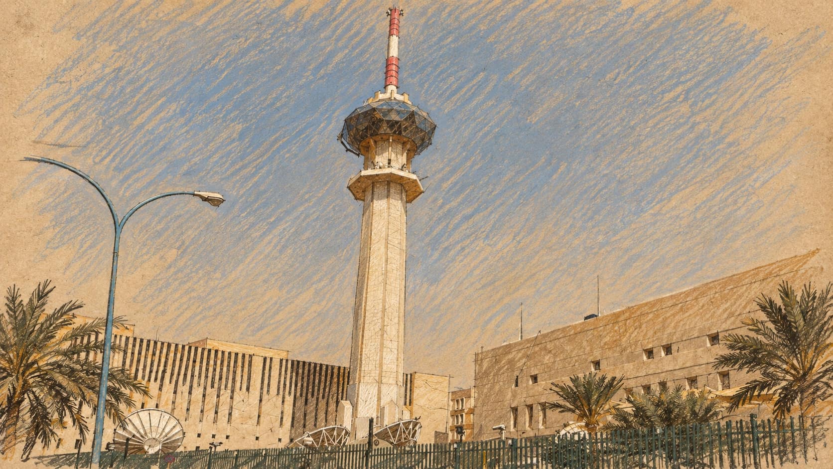 Courtroom-sketch editorial illustration of an archival 2009 view of Riyadh television tower, low buildings, palms, fence and a curved streetlight; city context rather than a depiction of the October 25 missile or drone interceptions, rendered in warm ochre and slate-blue pastel strokes.