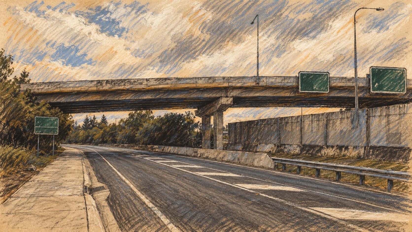 Courtroom-sketch editorial illustration of an archival 2016 view of an empty road beneath the Logan and Pacific motorway junction in Loganholme, Queensland, with green road signs, concrete barriers and streetlights, rendered in warm ochre and slate-blue pastel strokes; locality context, not the pub or the shooting.