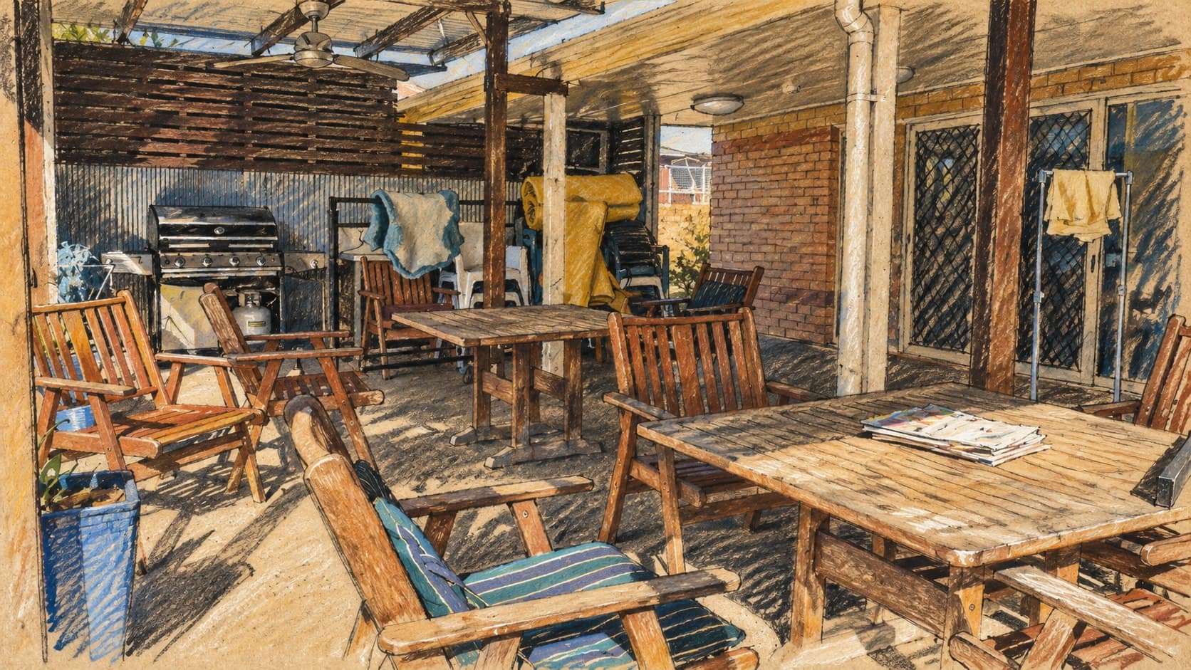 Courtroom-sketch editorial illustration of empty tables and wooden chairs on the covered patio at Kolan Gardens Aged Care Facility in Gin Gin, Queensland, rendered in warm ochre and slate-blue pastel strokes; archival May 2011 aged-care context, not a depiction of the Ombudsman's investigation or an allegation about this facility.