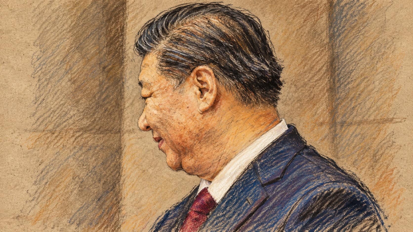 Courtroom-sketch editorial illustration of an archival November 2023 profile portrait of Xi Jinping facing left in a dark blue suit and burgundy tie against a beige architectural background, rendered in warm ochre and slate-blue pastel strokes; contextual portrait, not a depiction of the October 2026 plenum.