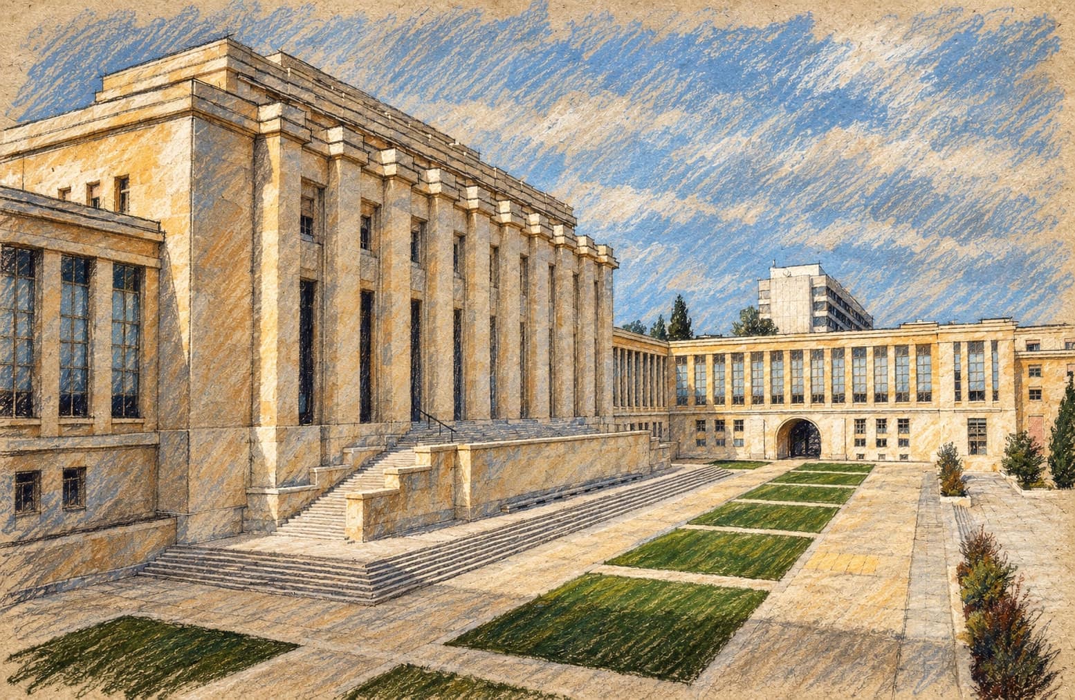 Courtroom-sketch editorial illustration of the Palais des Nations courtyard in Geneva, with stone columns, steps and lawns, based on an archival October 2014 photograph as institutional context rather than the current commission report, rendered in warm ochre and slate-blue pastel strokes.