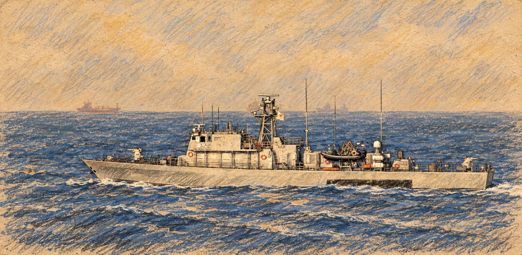 Courtroom-sketch editorial illustration of the Cyprus offshore patrol vessel Commodore Andreas Ioannides P61 seen broadside at sea in an archival January 2025 photograph; contextual view of the existing vessel designated for upgrade, not the newly ordered vessel or the October 2026 signing, rendered in warm ochre and slate-blue pastel strokes.