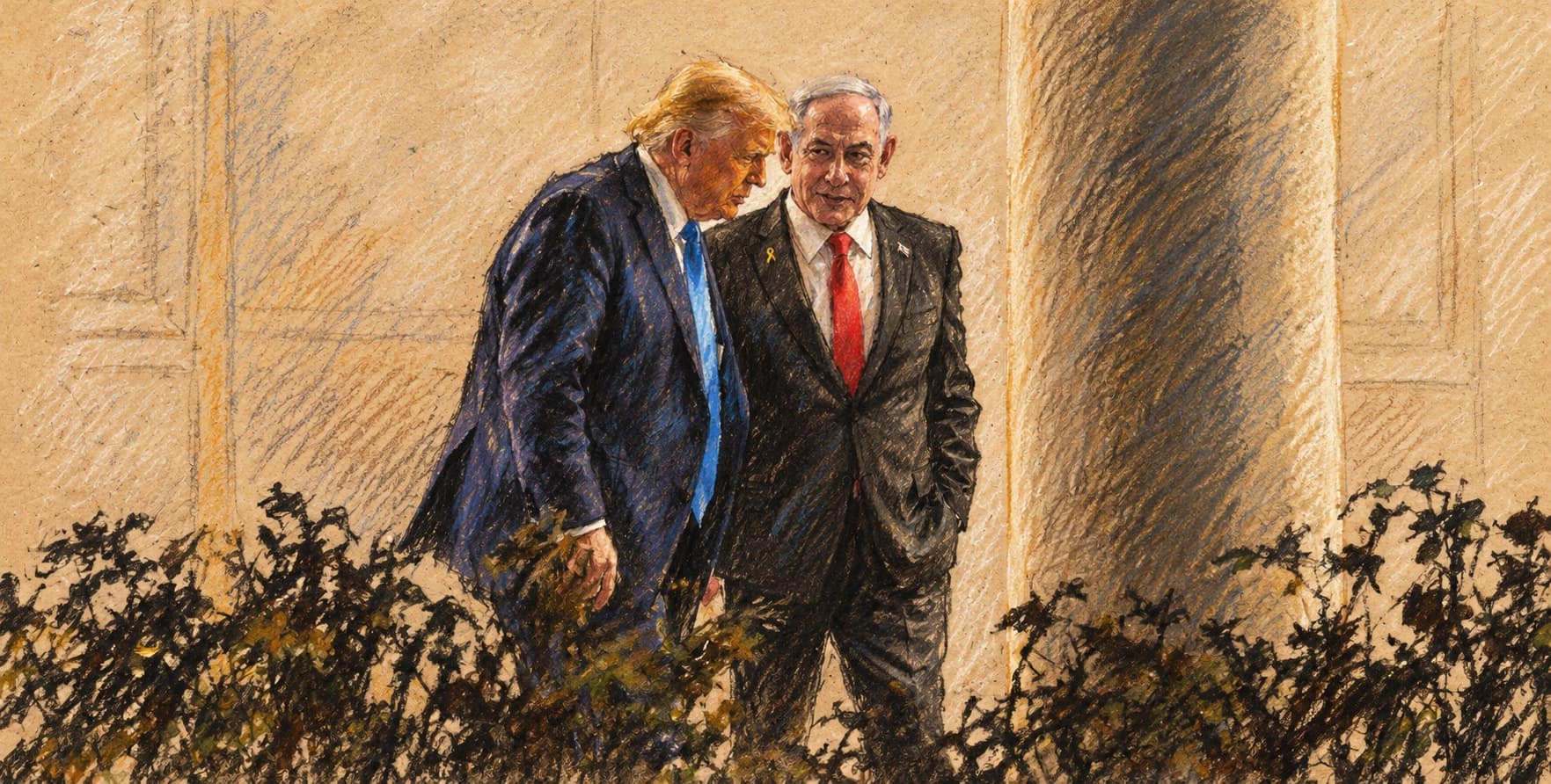 Courtroom-sketch editorial illustration of Donald Trump in a blue tie walking beside Benjamin Netanyahu in a red tie in the White House colonnade, with garden shrubs in the foreground, rendered in warm ochre and slate-blue pastel strokes; archival February 4, 2025 meeting, not a depiction of the October 2026 endorsement or election.