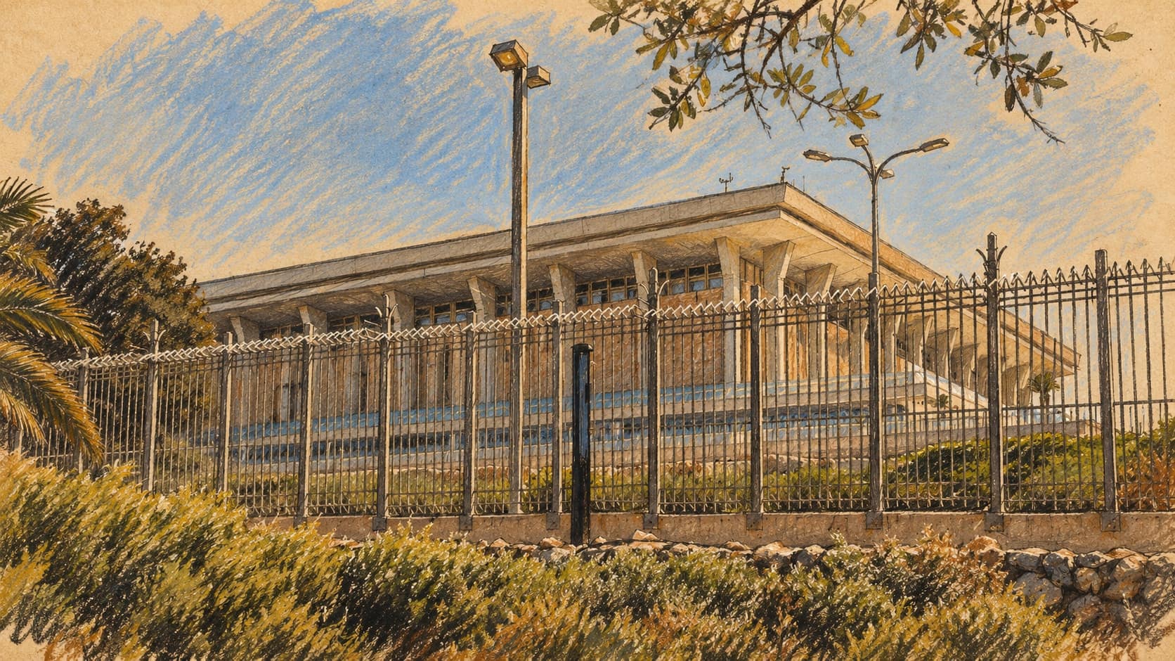 Courtroom-sketch editorial illustration of an archival July 2018 exterior of the Knesset parliament building behind a tall security fence, with shrubs, stonework, lampposts and overhanging branches; institutional context, not a depiction of the October 2026 election committee decision, rendered in warm ochre and slate-blue pastel strokes.