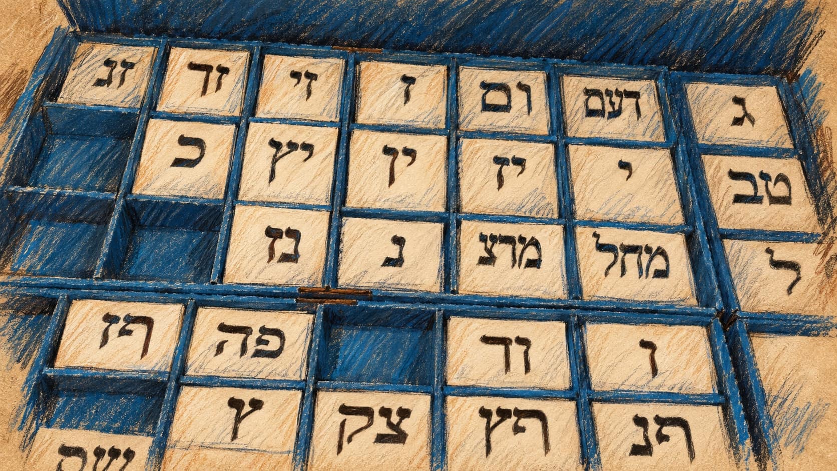 Courtroom-sketch editorial illustration of white Hebrew-lettered ballot papers arranged in blue polling-station compartments, based on an archival April 2019 Israeli election photograph; contextual imagery rather than the October 2026 vote, rendered in warm ochre and slate-blue pastel strokes.