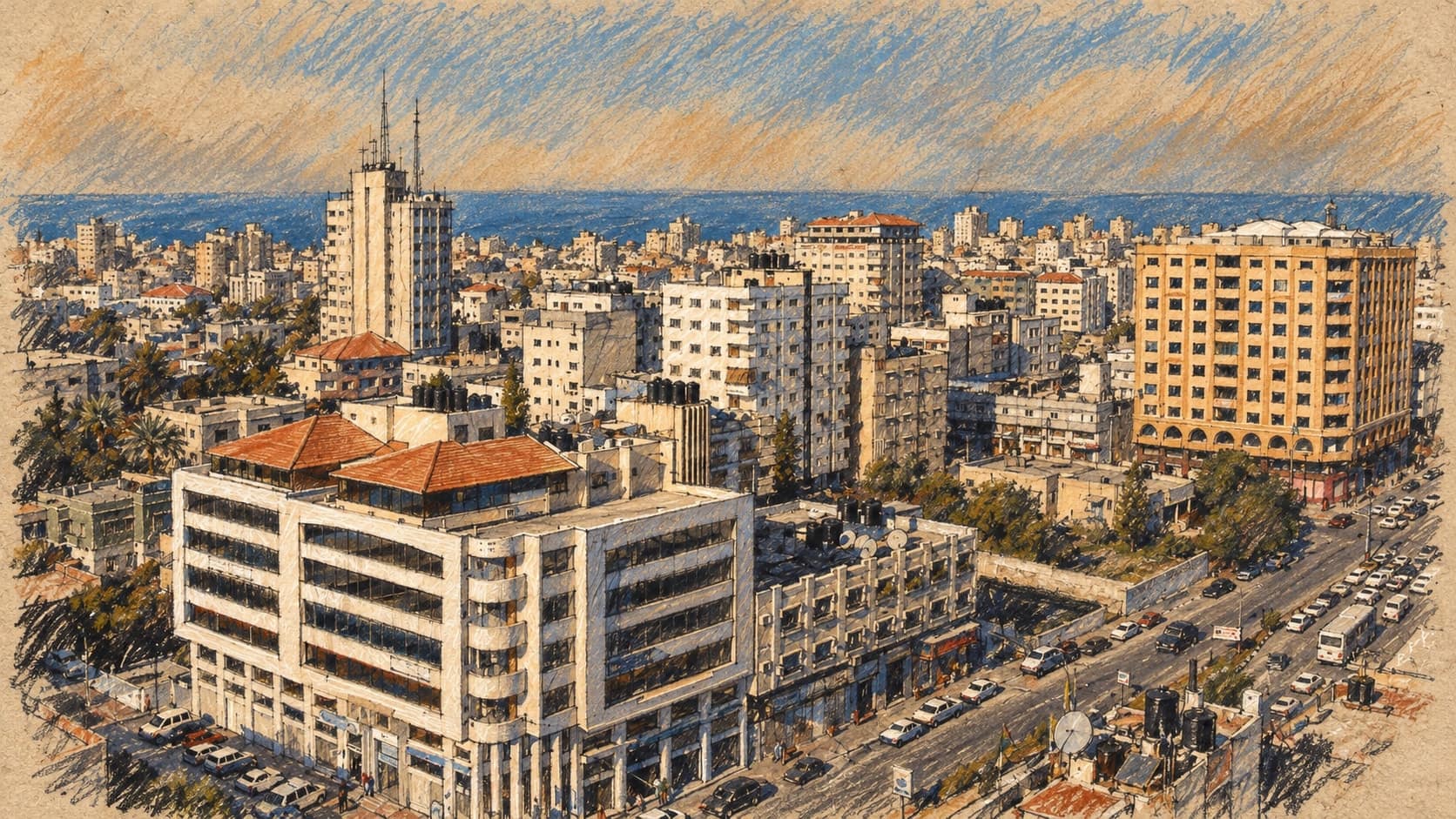 Courtroom-sketch editorial illustration of an archival December 2007 Gaza City panorama, showing a white office building with terracotta roofs, central mid-rise blocks, a beige high-rise, a road with cars and the distant sea; geographic context, not a depiction of the October 2026 strikes, rendered in warm ochre and slate-blue pastel strokes.