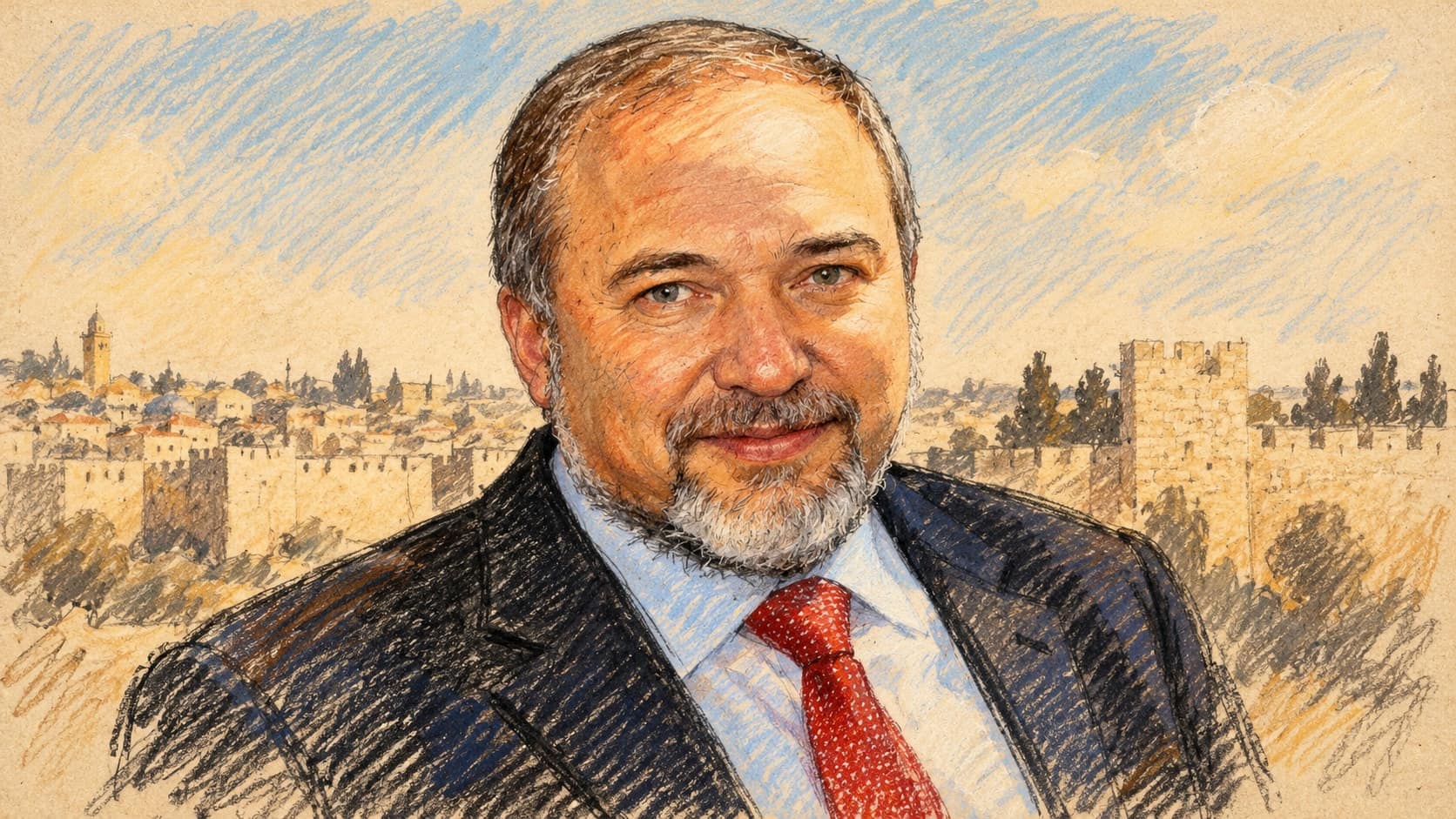 Courtroom-sketch editorial illustration of an archival September 2010 portrait of Avigdor Liberman in a dark suit and red tie against the Jerusalem skyline, providing contextual portraiture rather than depicting the October 2026 coalition contacts, rendered in warm ochre and slate-blue pastel strokes.