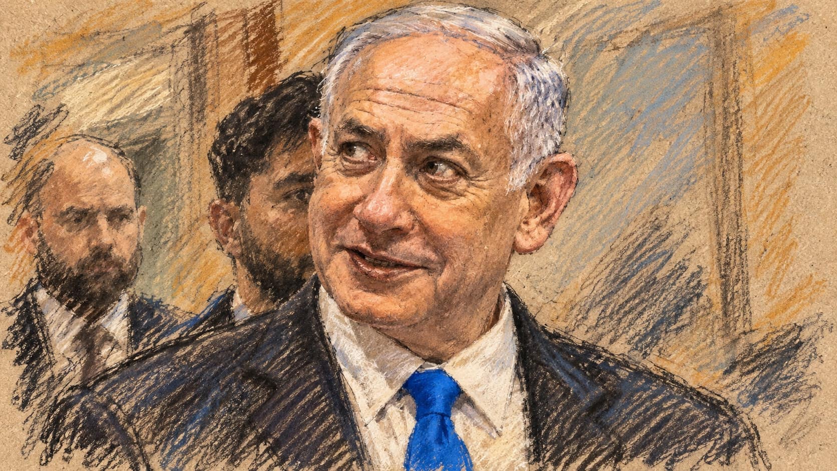 Courtroom-sketch editorial illustration of Benjamin Netanyahu in a dark suit and blue tie, with two partially visible men behind him in an archival February 2025 Pentagon portrait; contextual actor image, not a depiction of the October 2026 election or exit-poll announcement, rendered in warm ochre and slate-blue pastel strokes.