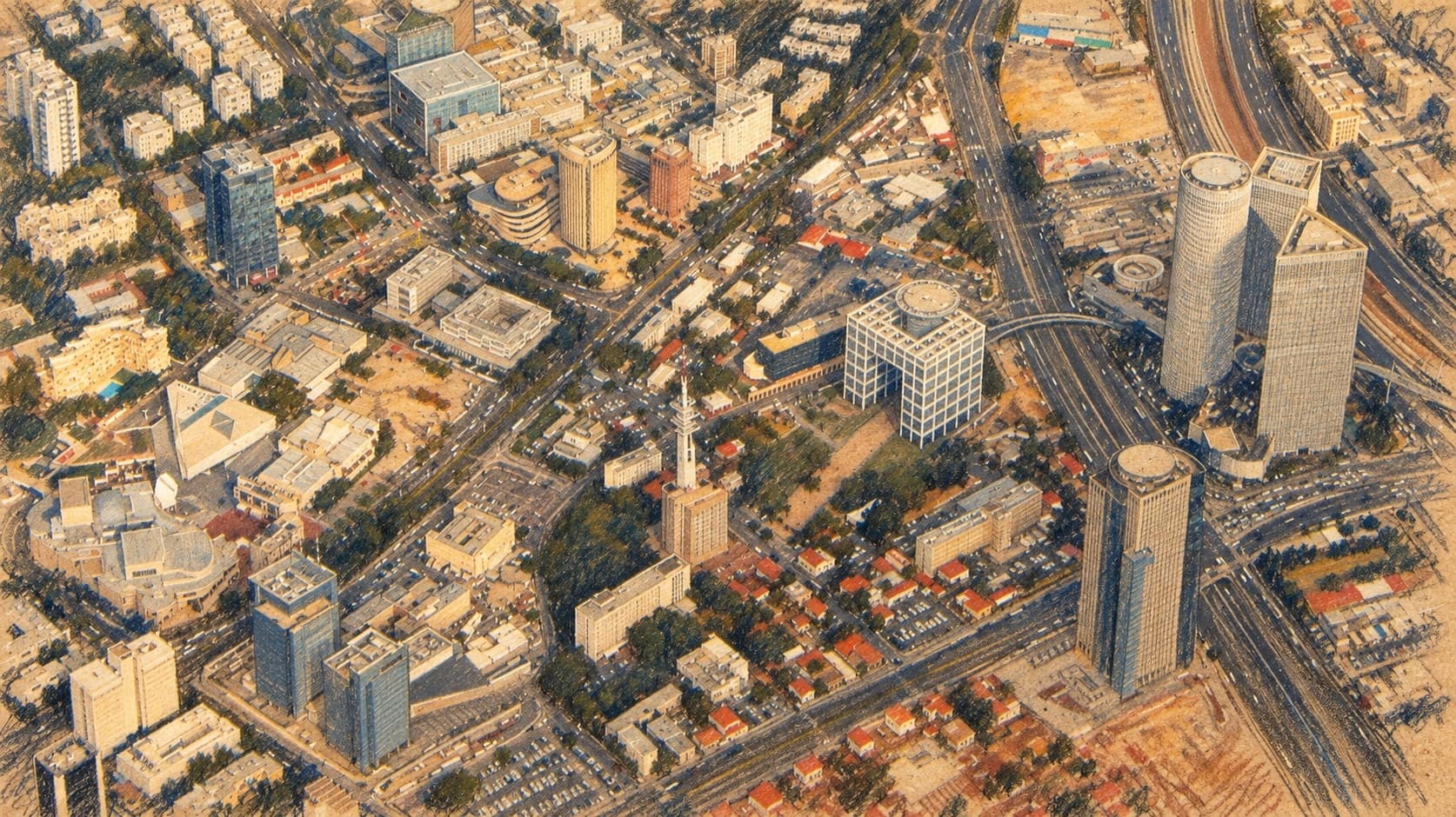 Courtroom-sketch editorial illustration of an archival 2012 aerial view of the HaKirya military headquarters district and surrounding Tel Aviv office towers; institutional context, not the unnamed soldier, alleged offenses or court hearing, rendered in warm ochre and slate-blue pastel strokes.