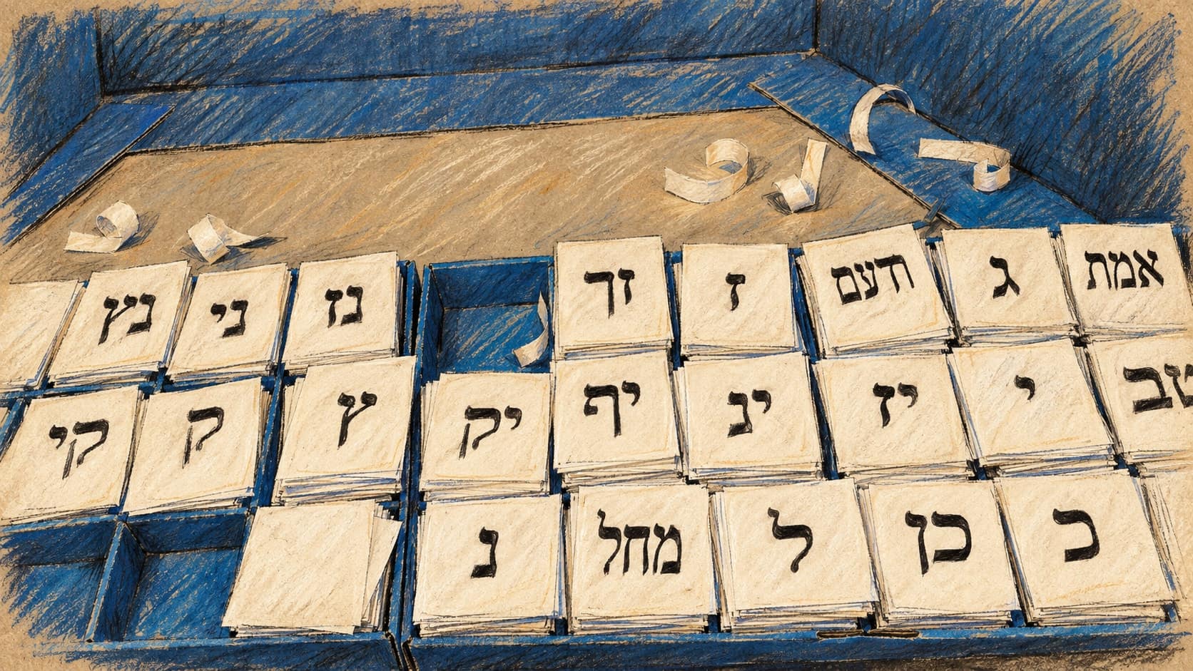 Courtroom-sketch editorial illustration of archival March 2020 Israeli election ballot slips stacked in a blue polling booth in Ramat Gan; election context rather than a depiction of the current inquiry or an allegation concerning any displayed party, rendered in warm ochre and slate-blue pastel strokes.