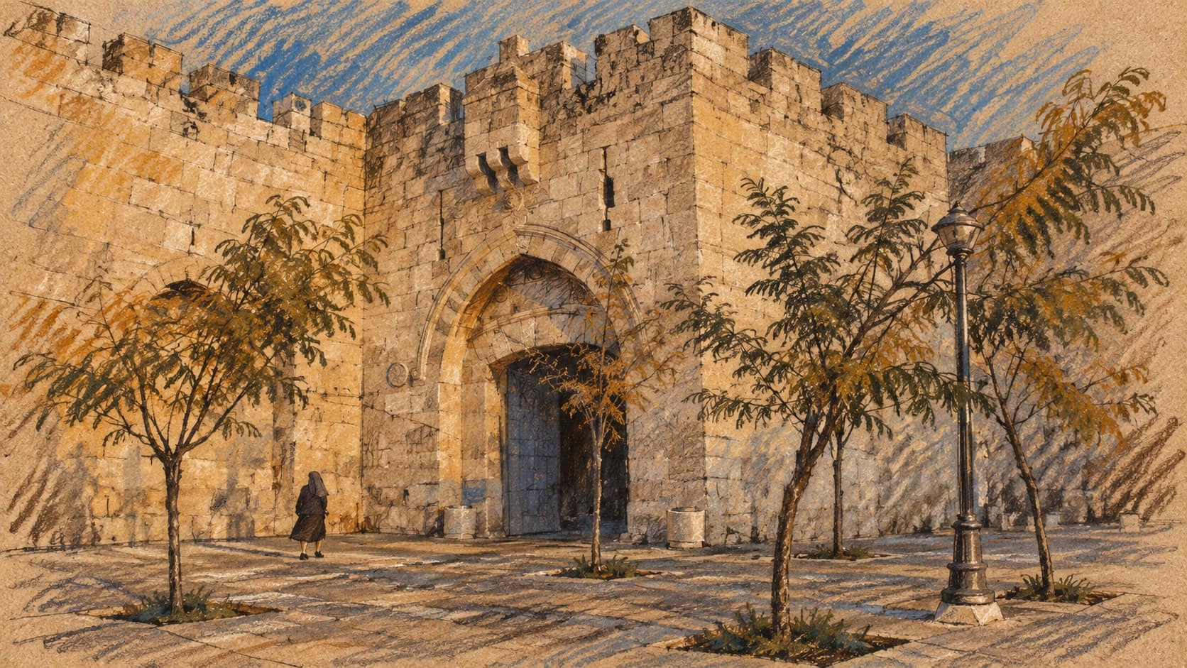 Courtroom-sketch editorial illustration of an archival November 2008 exterior of Jaffa Gate in Jerusalem, with its pale stone arched entrance, a lone person, trees and a lamppost; city context, not the accident site or Czech diplomatic office, rendered in warm ochre and slate-blue pastel strokes.