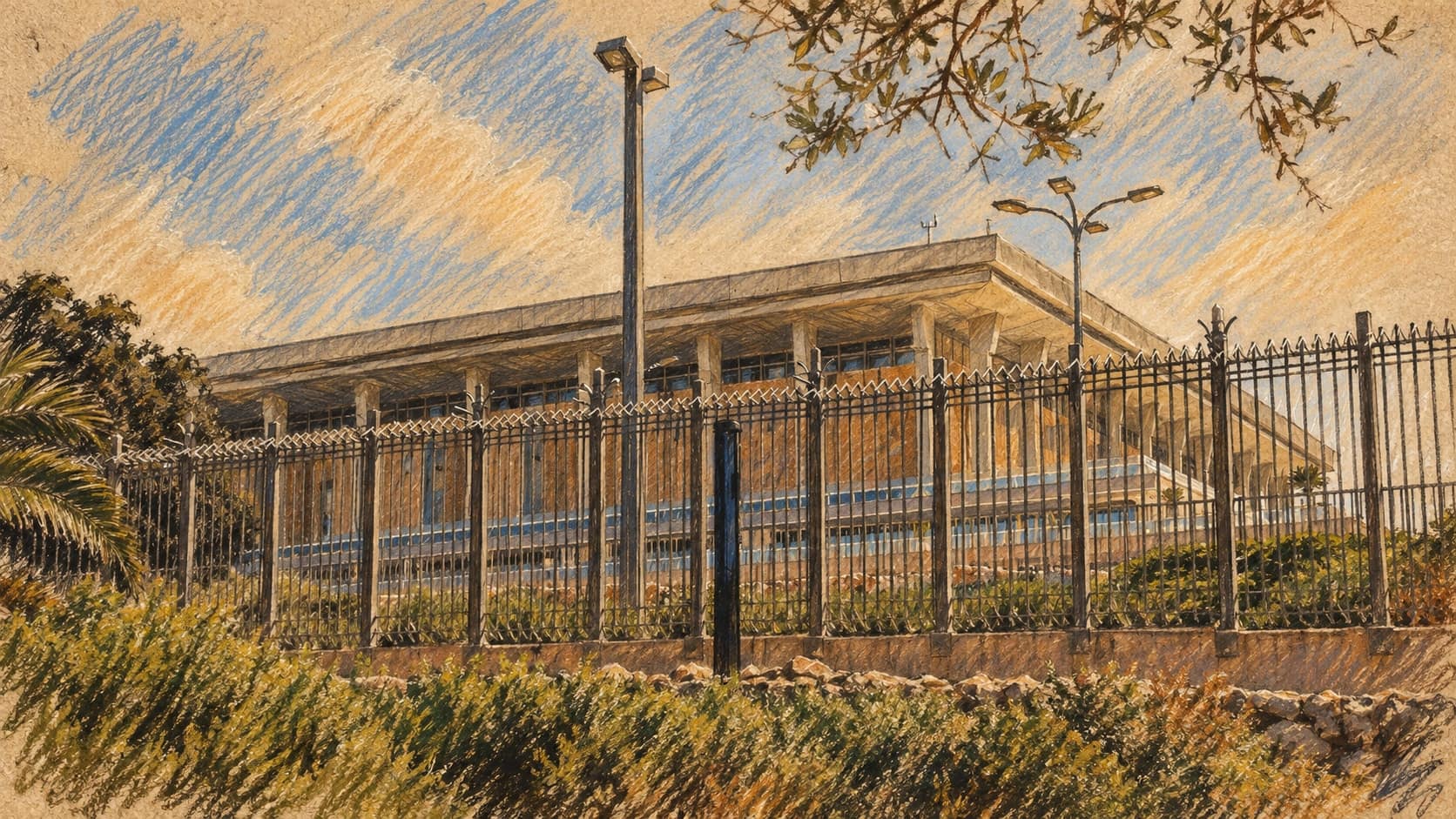 Courtroom-sketch editorial illustration of an archival July 2018 exterior view of the Knesset building in Jerusalem behind its metal fence, with shrubs, streetlamps and overhanging tree branches; parliamentary context, not the October 2026 ballot count, rendered in warm ochre and slate-blue pastel strokes.