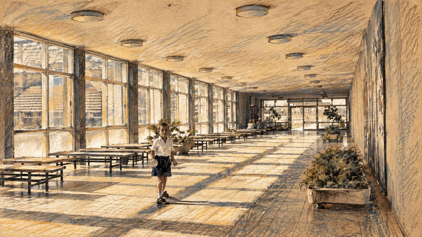 Courtroom-sketch editorial illustration of an archival waiting hall at the Bersjeba Hospital of Kupat Holim, catalogued as Soroka Medical Center, with windows, benches, a child and planters; institutional context, not the October 2026 shooting, victim or treatment, rendered in warm ochre and slate-blue pastel strokes.