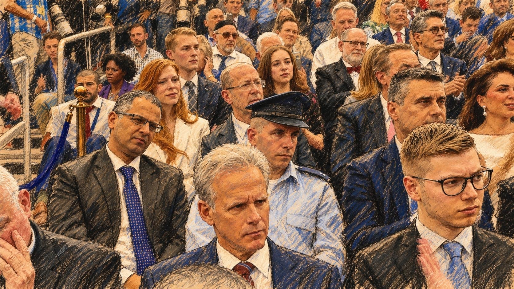Courtroom-sketch editorial illustration of Yair Netanyahu seated at the front right of an audience at the May 2018 U.S. Embassy Jerusalem dedication ceremony, with other guests and a uniformed officer behind him, rendered in warm ochre and slate-blue pastel strokes. Archival context, not a depiction of his October 2026 social-media post.
