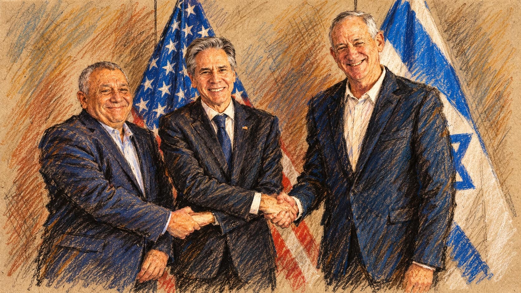 Courtroom-sketch editorial illustration of Gadi Eisenkot, Antony Blinken and Benny Gantz shaking hands before United States and Israeli flags in an archival February 2024 diplomatic photograph, rendered in warm ochre and slate-blue pastel strokes. Contextual portrait, not the October 2026 statement.
