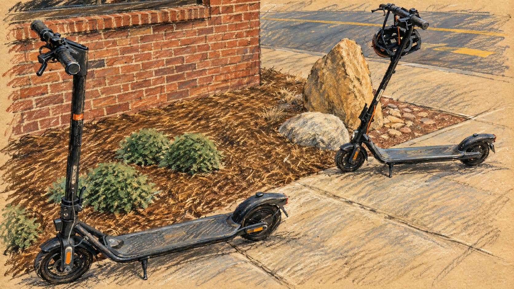 Courtroom-sketch editorial illustration of an archival July 2026 photograph of two parked electric kick scooters beside a brick wall and landscaped sidewalk, rendered in warm ochre and slate-blue pastel strokes. Contextual scooter reference, not a depiction of Petah Tikva, the teenage rider or the collision.