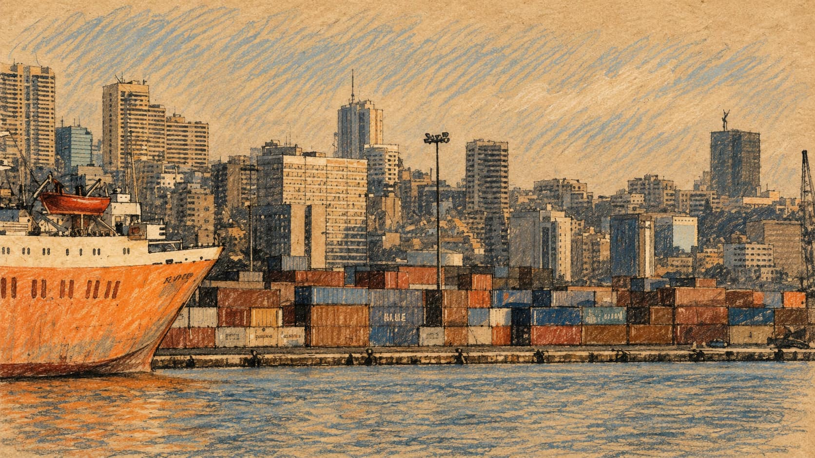 Courtroom-sketch editorial illustration of an archival view of Beirut’s port and skyline; geographic context.