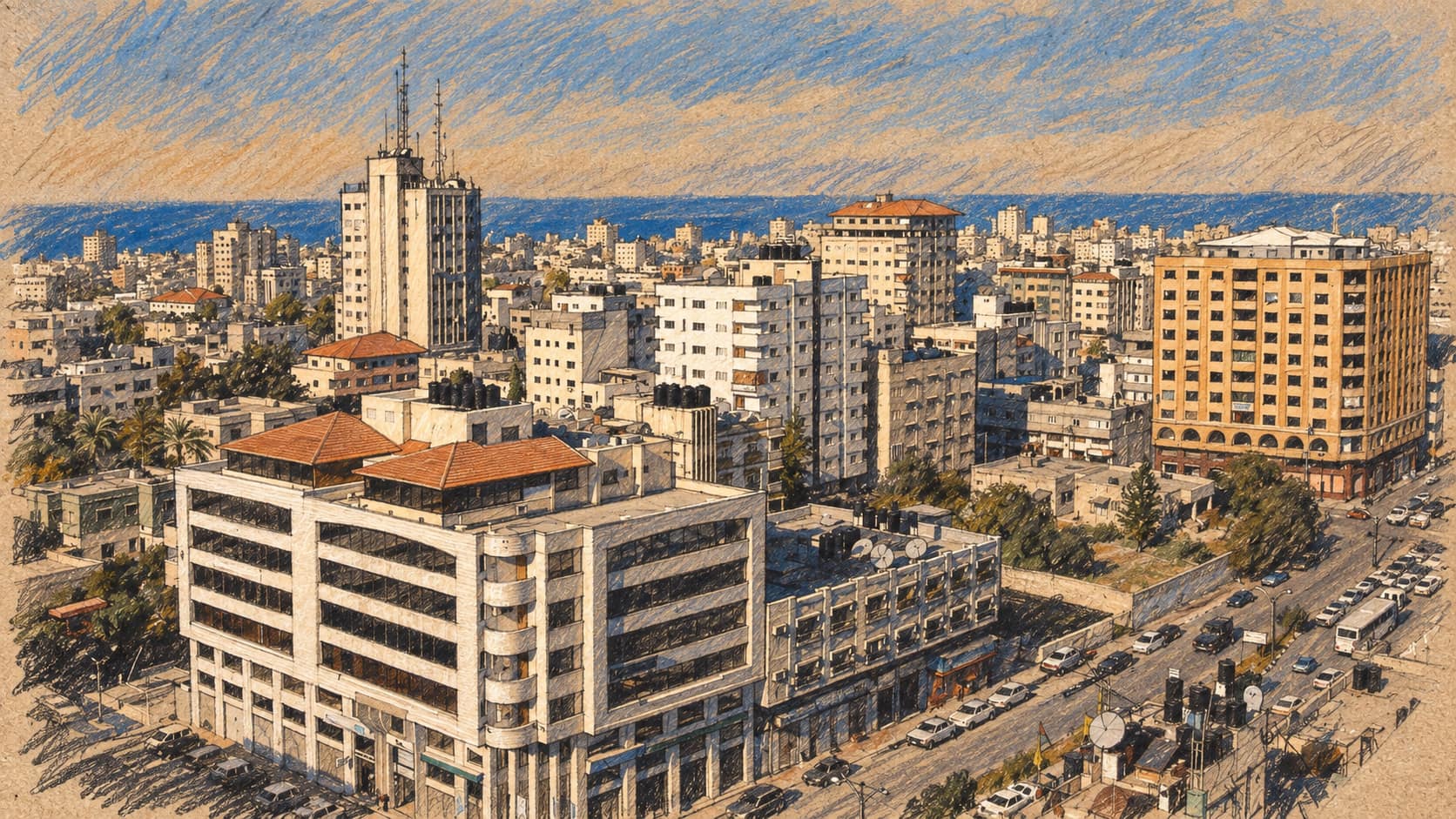Courtroom-sketch editorial illustration of an archival view of Gaza City; geographic context, not the reported event.