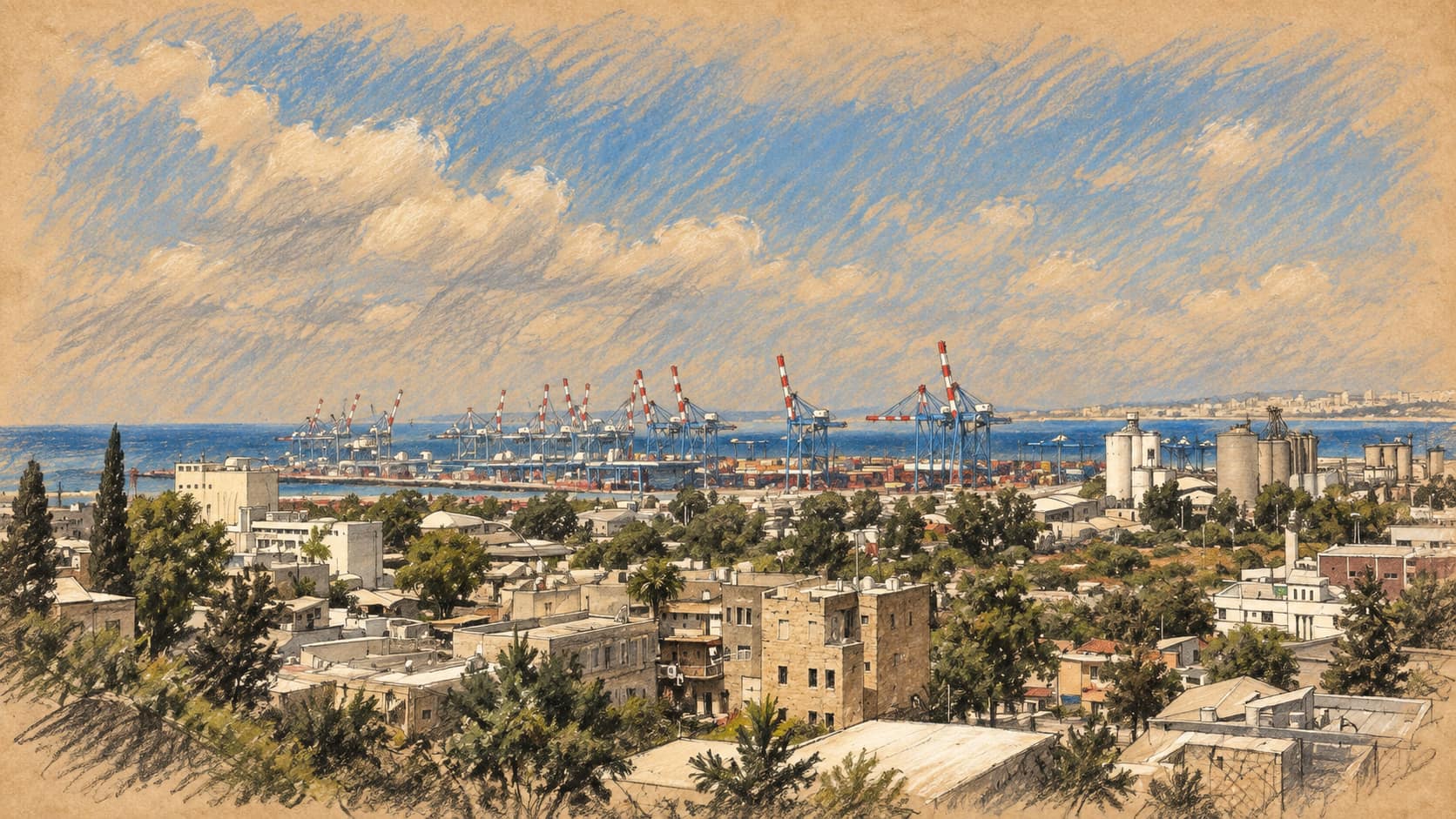 Courtroom-sketch editorial illustration of an archival view of Haifa’s port; maritime context, not INS Drakon or its delivery.