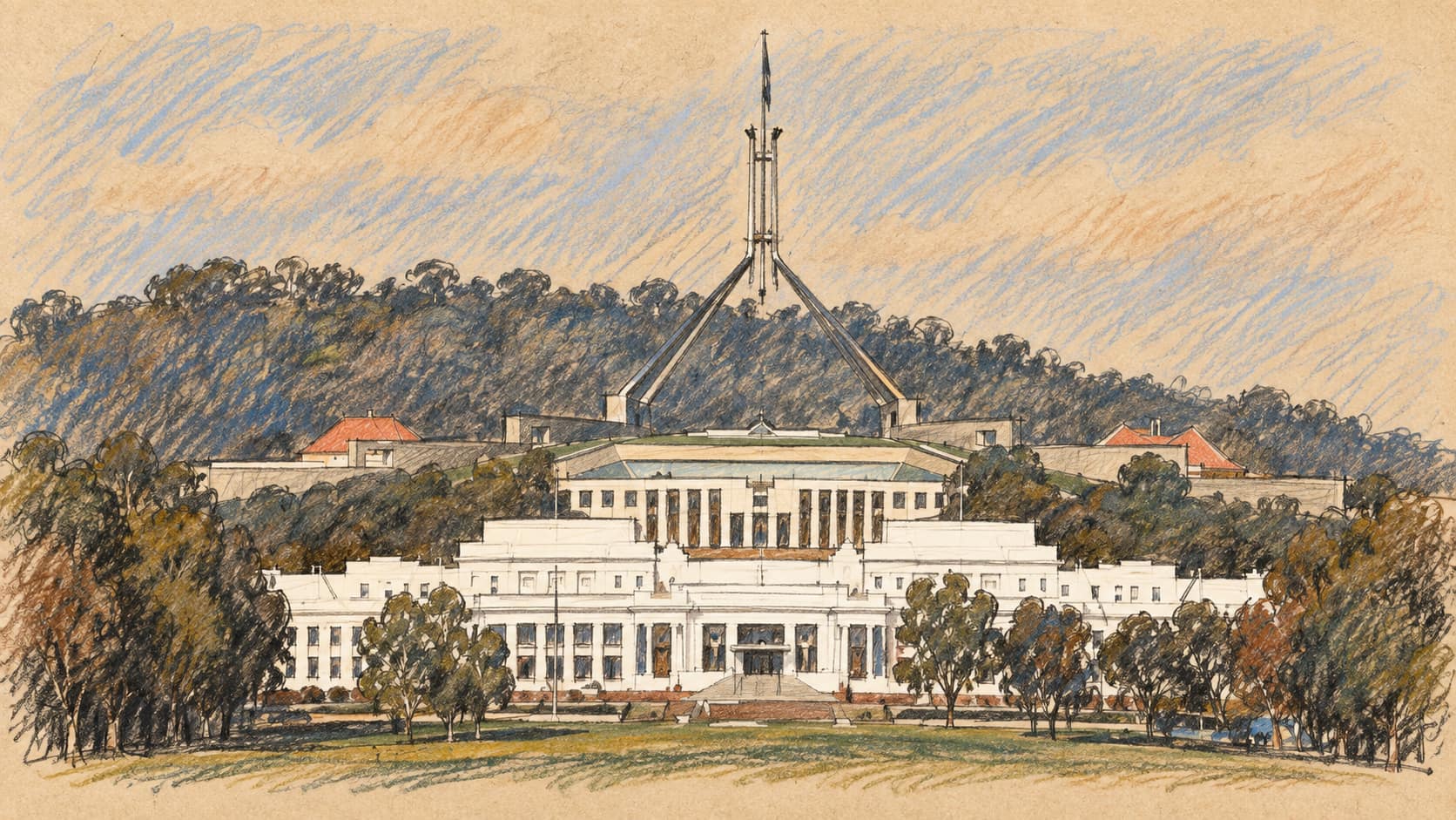 Courtroom-sketch editorial illustration of Old and New Parliament Houses in Canberra from a 2010 photograph; Australian federal government context, not the reported event.