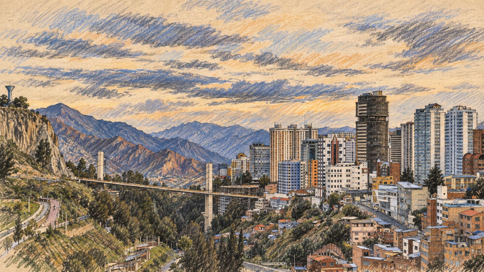 Courtroom-sketch editorial illustration of an archival La Paz cityscape; Bolivian capital context, not a depiction of the reported event.