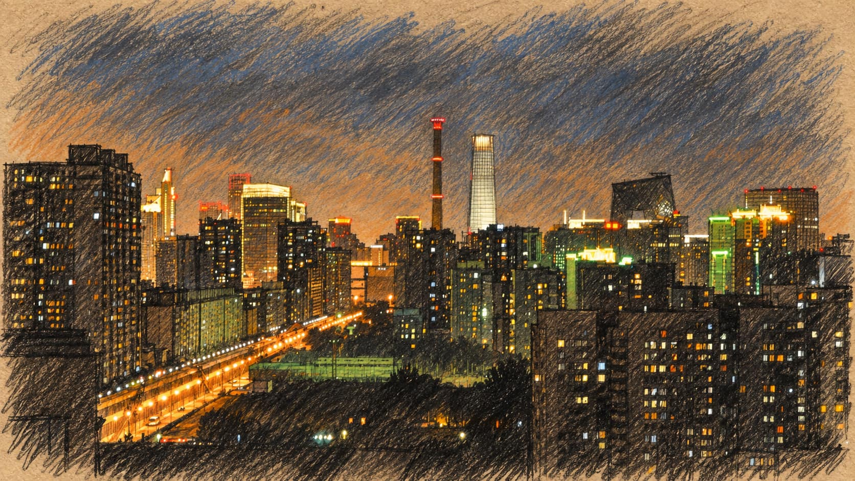 Courtroom-sketch editorial illustration of Beijing’s skyline from a 2009 nighttime photograph; archival city context, not the reported event.