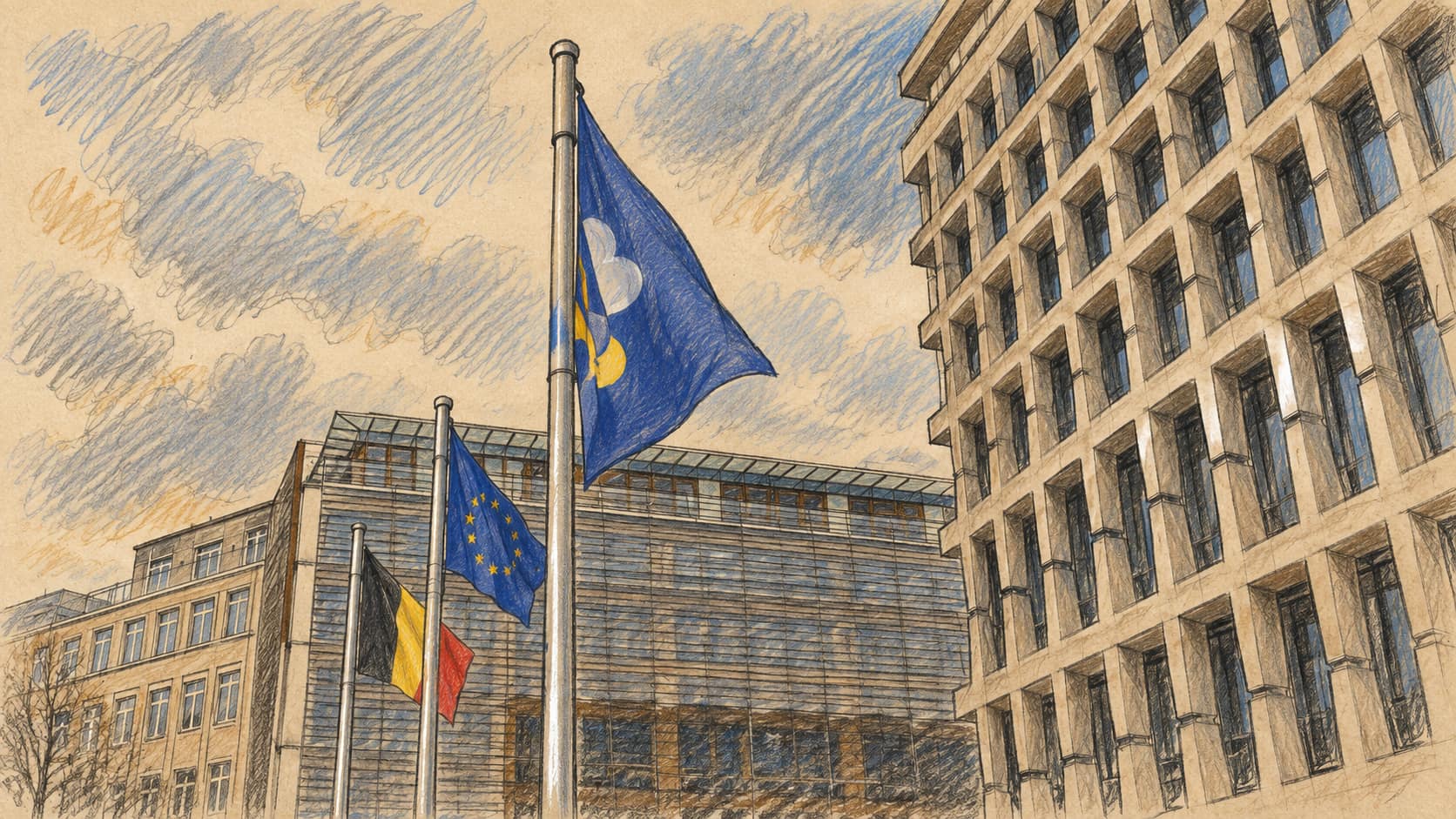 Courtroom-sketch editorial illustration of the flags of the Brussels region, European Union and Belgium near the Royal Palace in Brussels; institutional context, not the reported event.