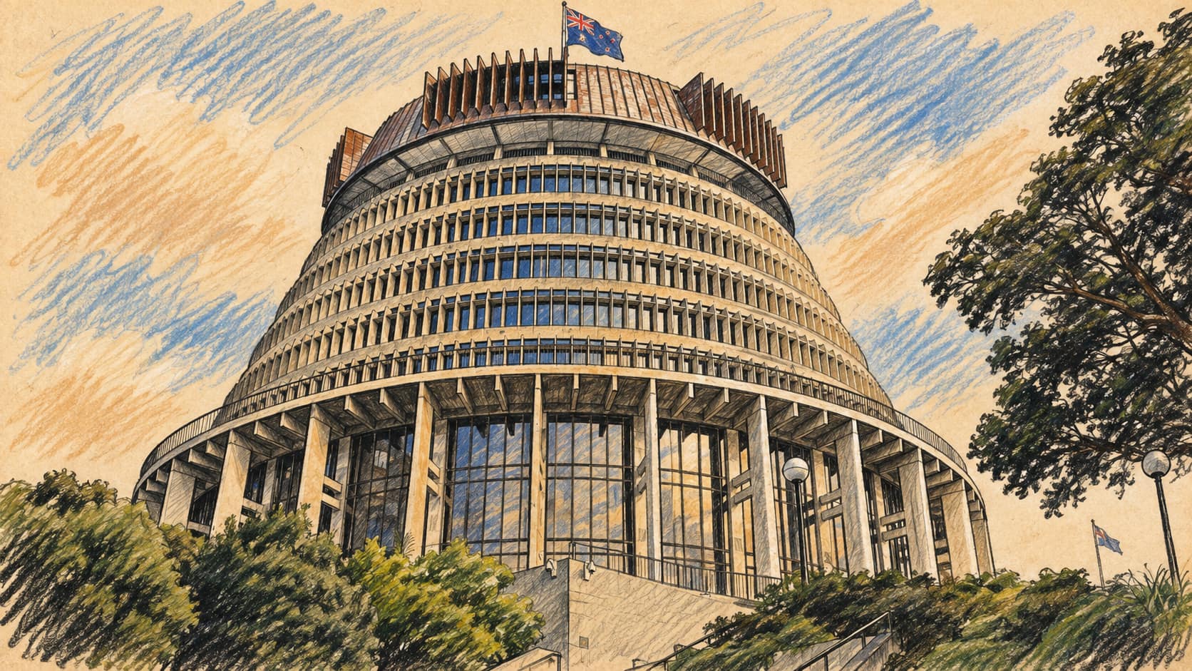 Courtroom-sketch editorial illustration of the Beehive executive wing in Wellington from a 2024 photograph; New Zealand government context, not the reported event.