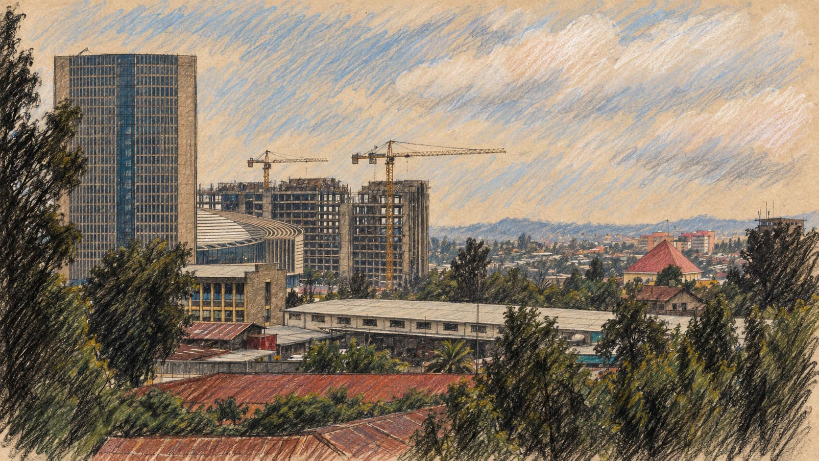 Courtroom-sketch editorial illustration of the African Union Conference Center in Addis Ababa in July 2012, including nearby construction; archival institutional context, not the reported Luanda summit.