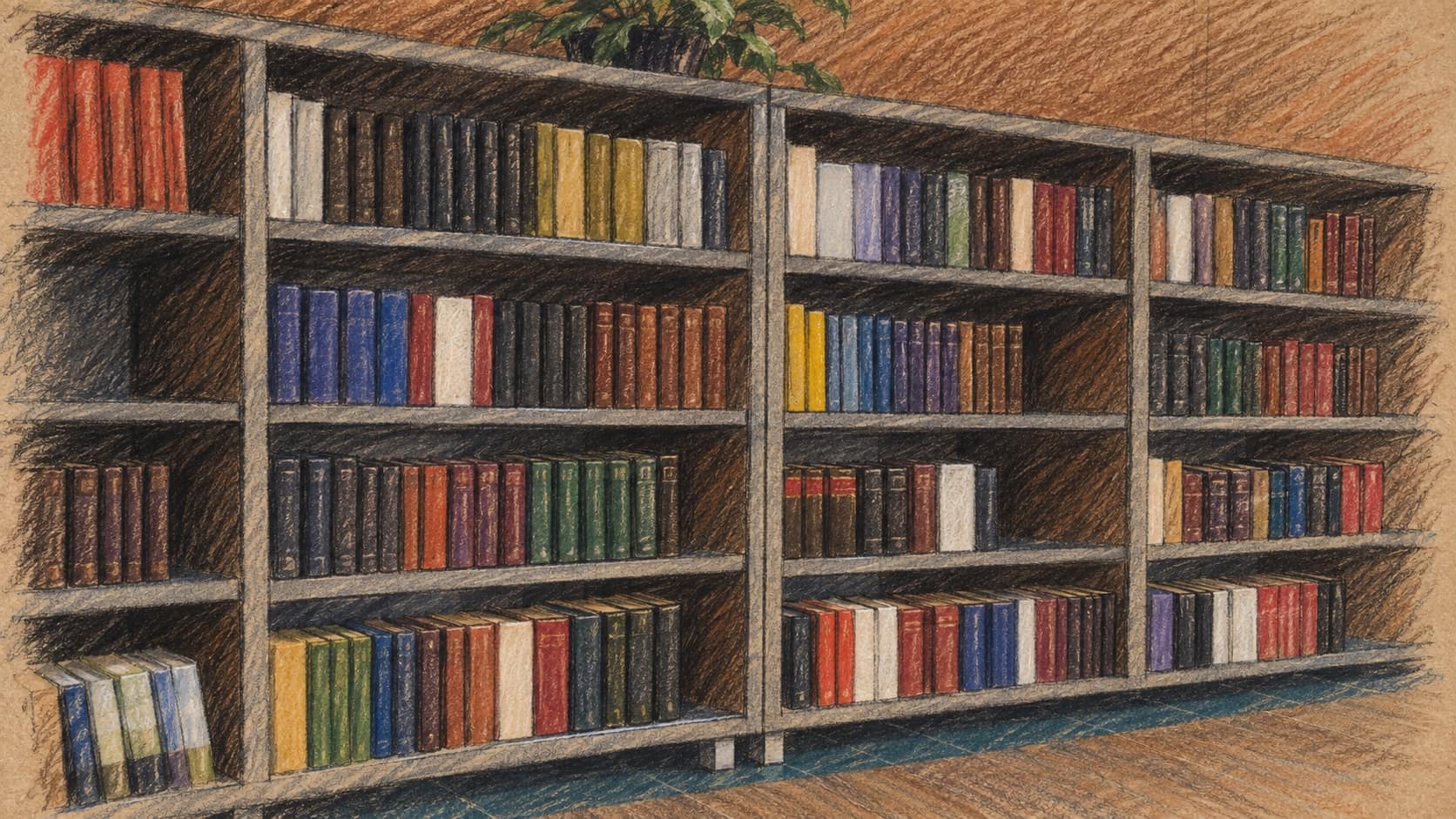 Courtroom-sketch editorial illustration of bookshelves from an October 2023 photograph, with cover text and artwork omitted; general library context, not the reported ACT library.