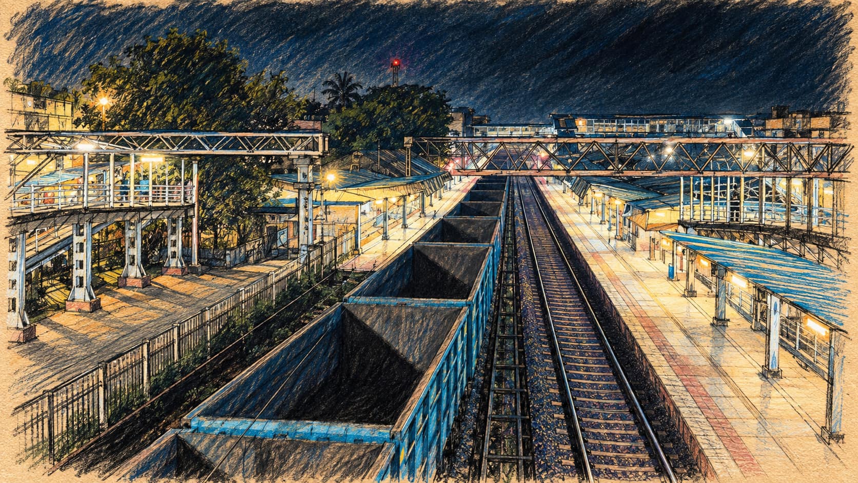 Courtroom-sketch editorial illustration of a freight train at Boisar, India, from an October 2025 photograph; archival railway context, not the reported launch ceremony.