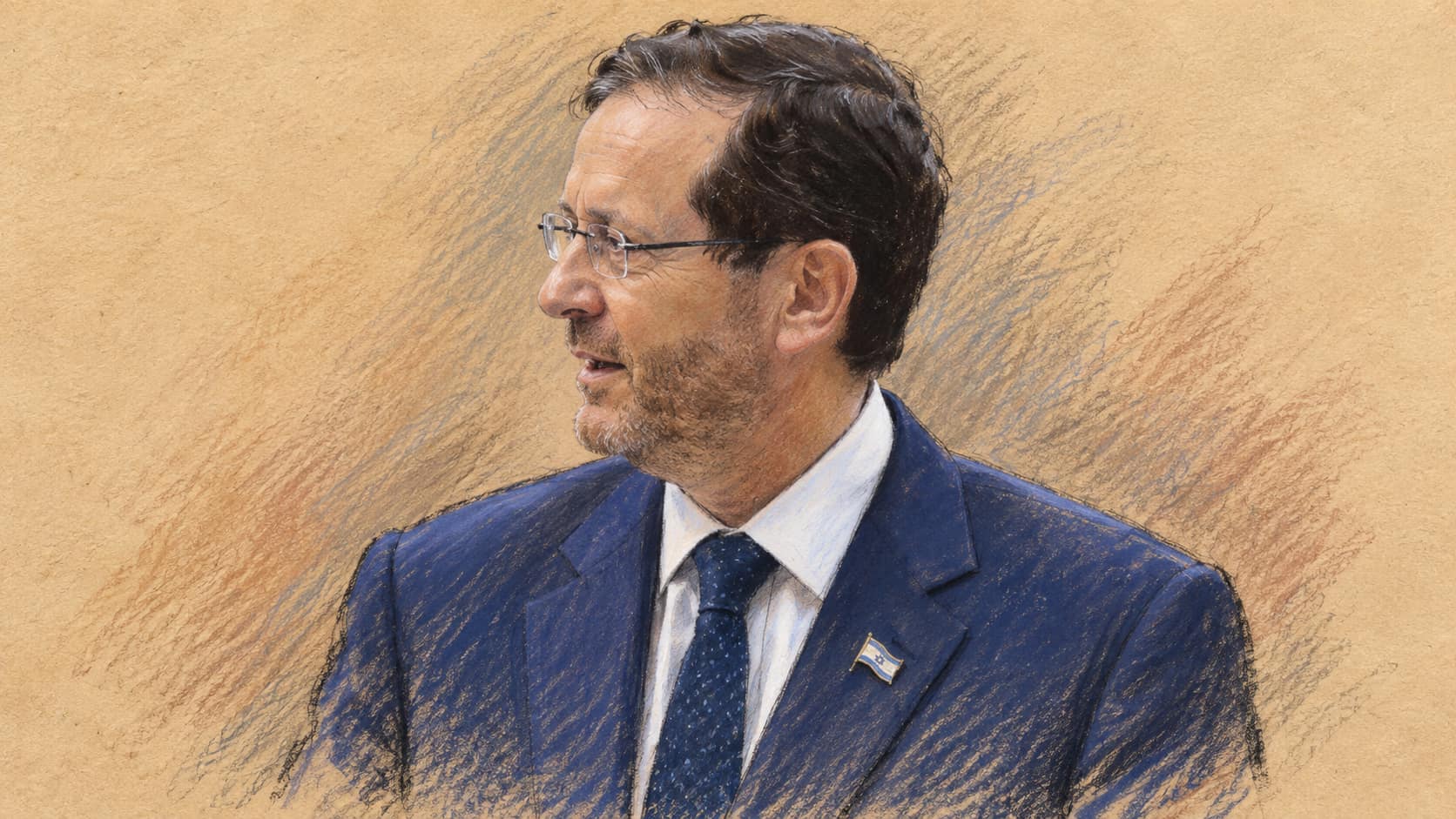 Courtroom-sketch portrait of Isaac Herzog isolated from an October 2023 official photograph; archival portrait, not the reported campaign or award ceremony.