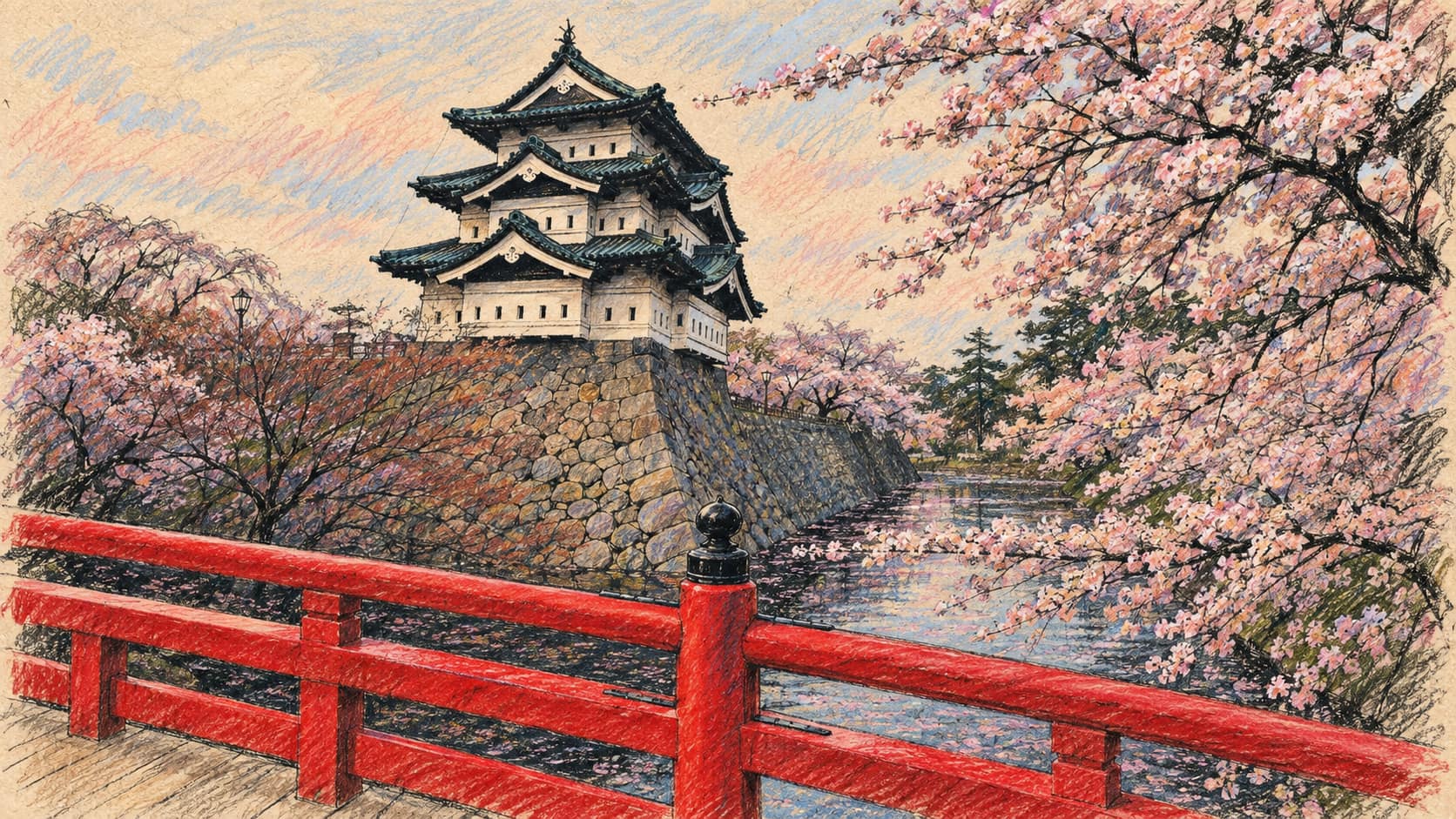 Courtroom-sketch editorial illustration of Hirosaki Castle, its moat, blossoms and red bridge in April 2011; archival view before the relocation work, not its current position.