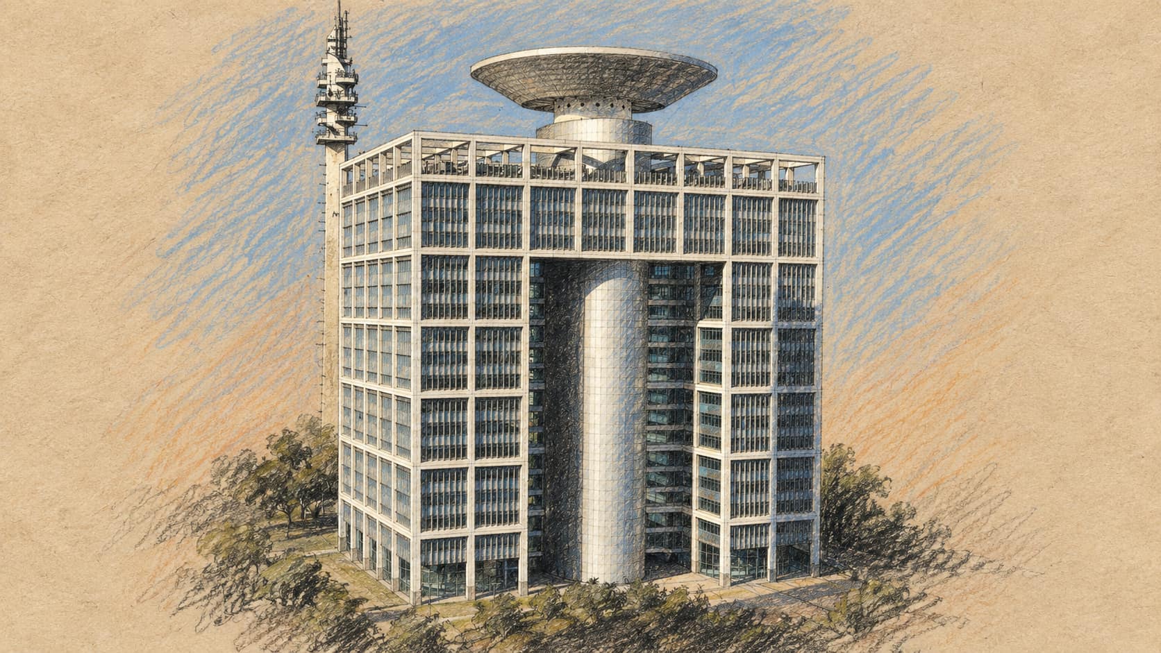 Courtroom-sketch editorial illustration of Matcal Tower at the Kirya in Tel Aviv from a 2009 photograph; archival Israeli defense-headquarters context, not the reported operation.