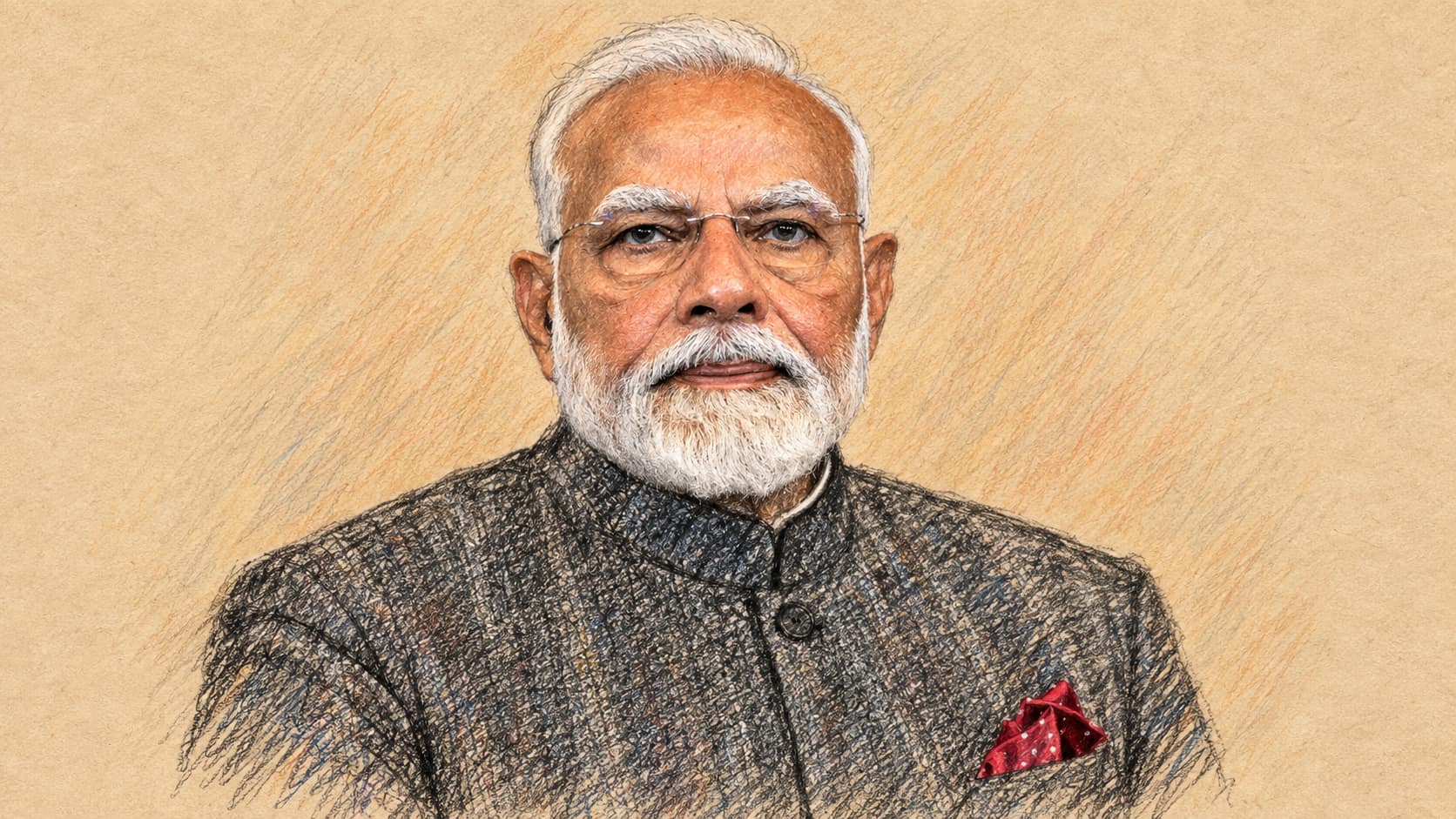 Courtroom-sketch editorial illustration of Narendra Modi isolated from a February 2025 official White House photograph by Daniel Torok; archival portrait, not the reported Uzbekistan meeting.
