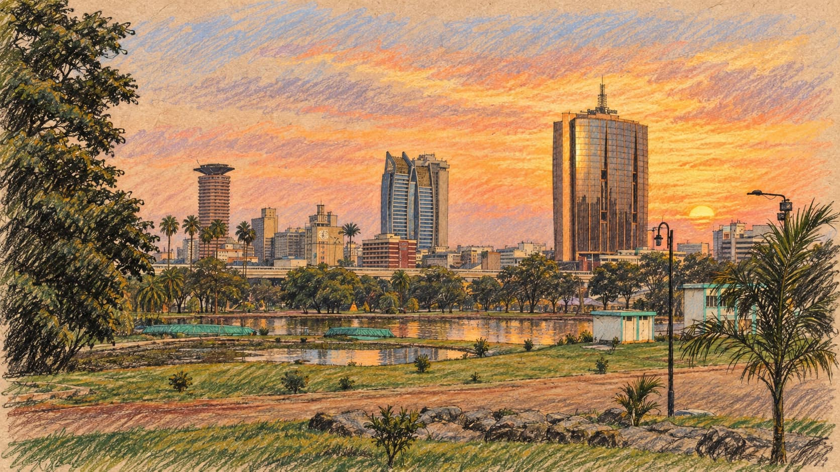 Courtroom-sketch editorial illustration of Nairobi viewed from Uhuru Park in February 2025; archival geographic context, not the reported operation or diplomatic talks.