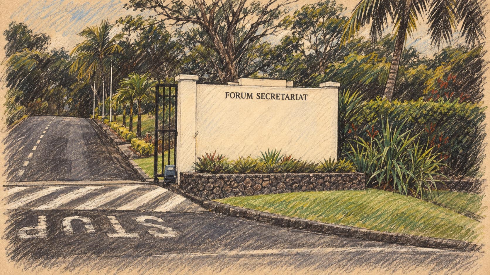 Courtroom-sketch editorial illustration of the Pacific Islands Forum Secretariat entrance in Suva from a February 2014 photograph, with its logo omitted; archival institutional context, not the current summit.