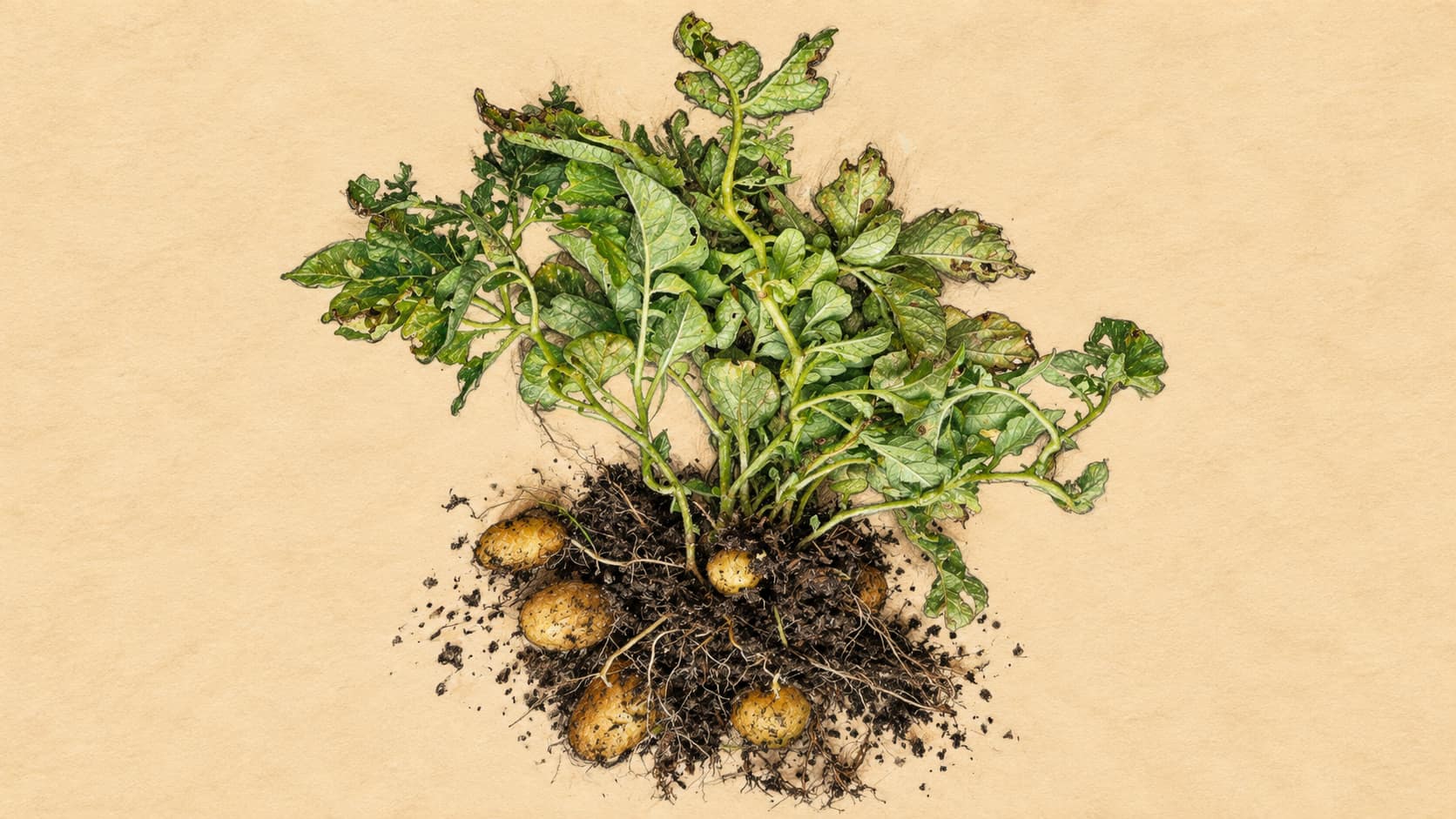Courtroom-sketch editorial illustration of a potato plant with tubers from an August 2023 photograph taken in Germany; botanical context, not the newly reported Ugandan variety.