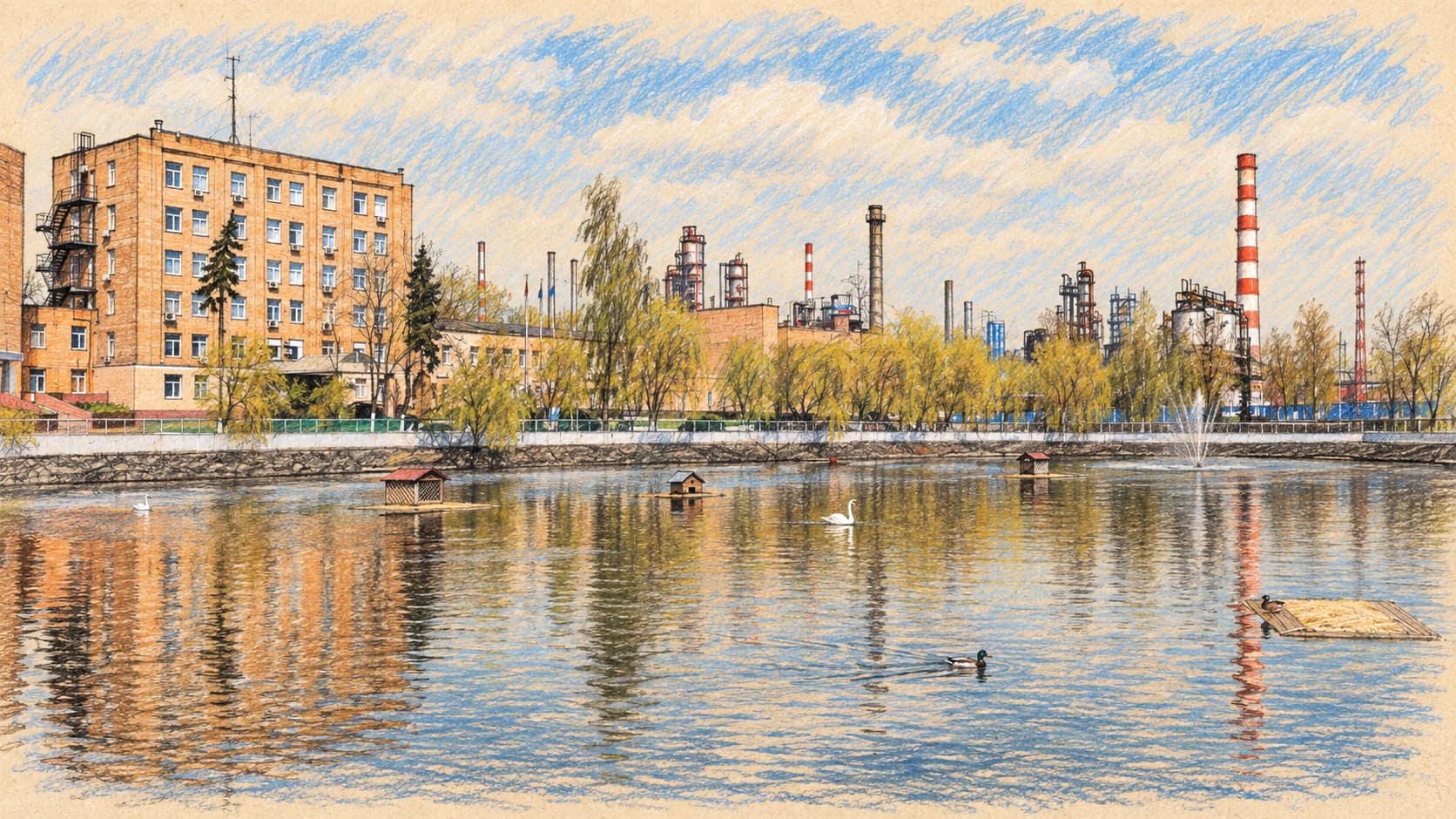 Courtroom-sketch editorial illustration of the Moscow Oil Refinery and its pond from an April 2012 photograph; archival refining-industry context, not the reported plant, project, capacity or present condition.