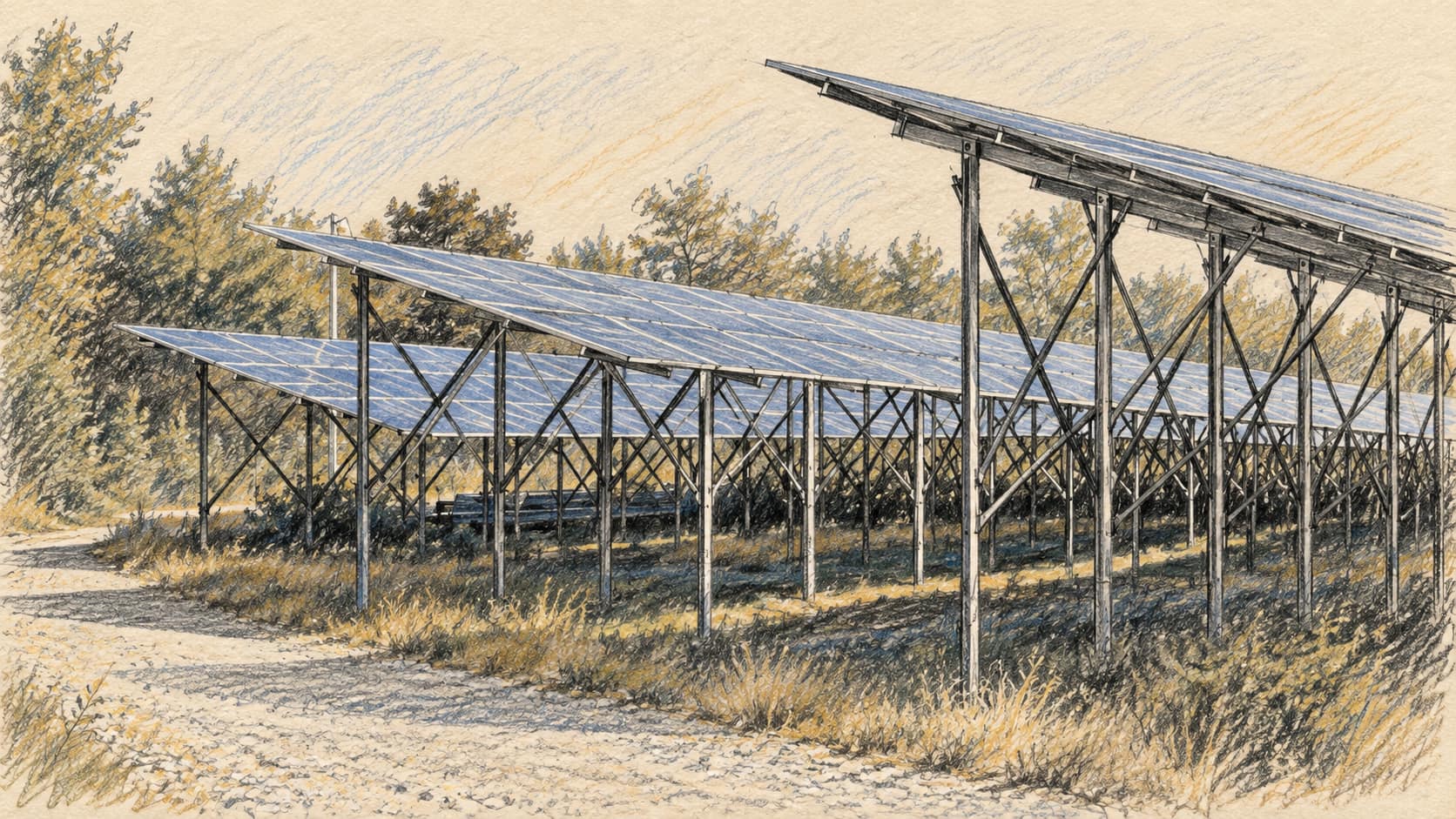 Courtroom-sketch editorial illustration of photovoltaic panels in Niévroz, France, from an October 2022 photograph; archival solar-energy context, not the project or installation reported.